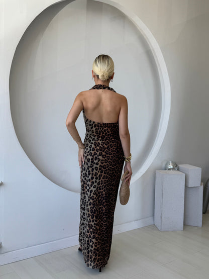 Degaje Yaka Leoparlı Tül Elbise