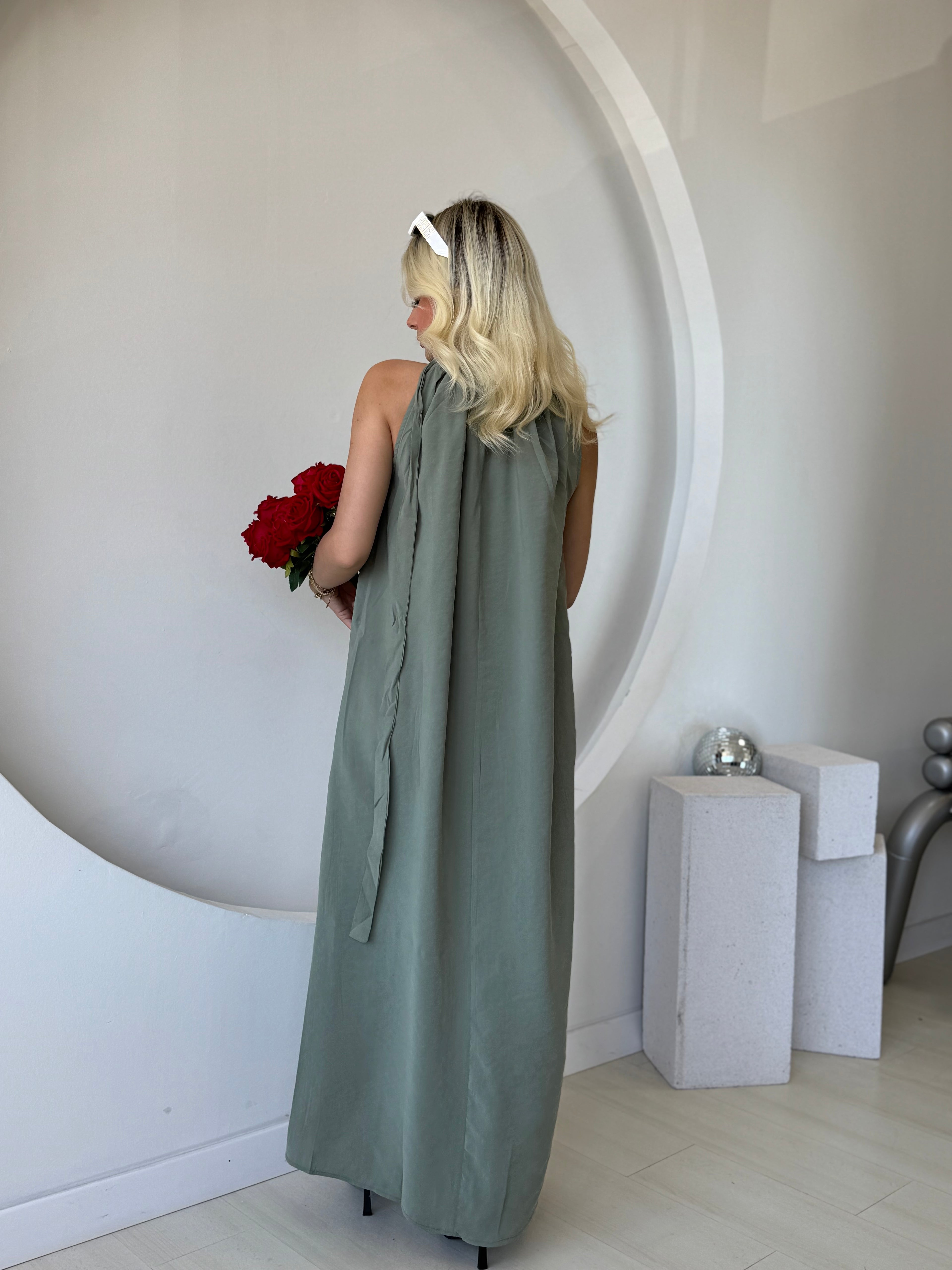 Omuzdan Bağlamalı Haki Elbise