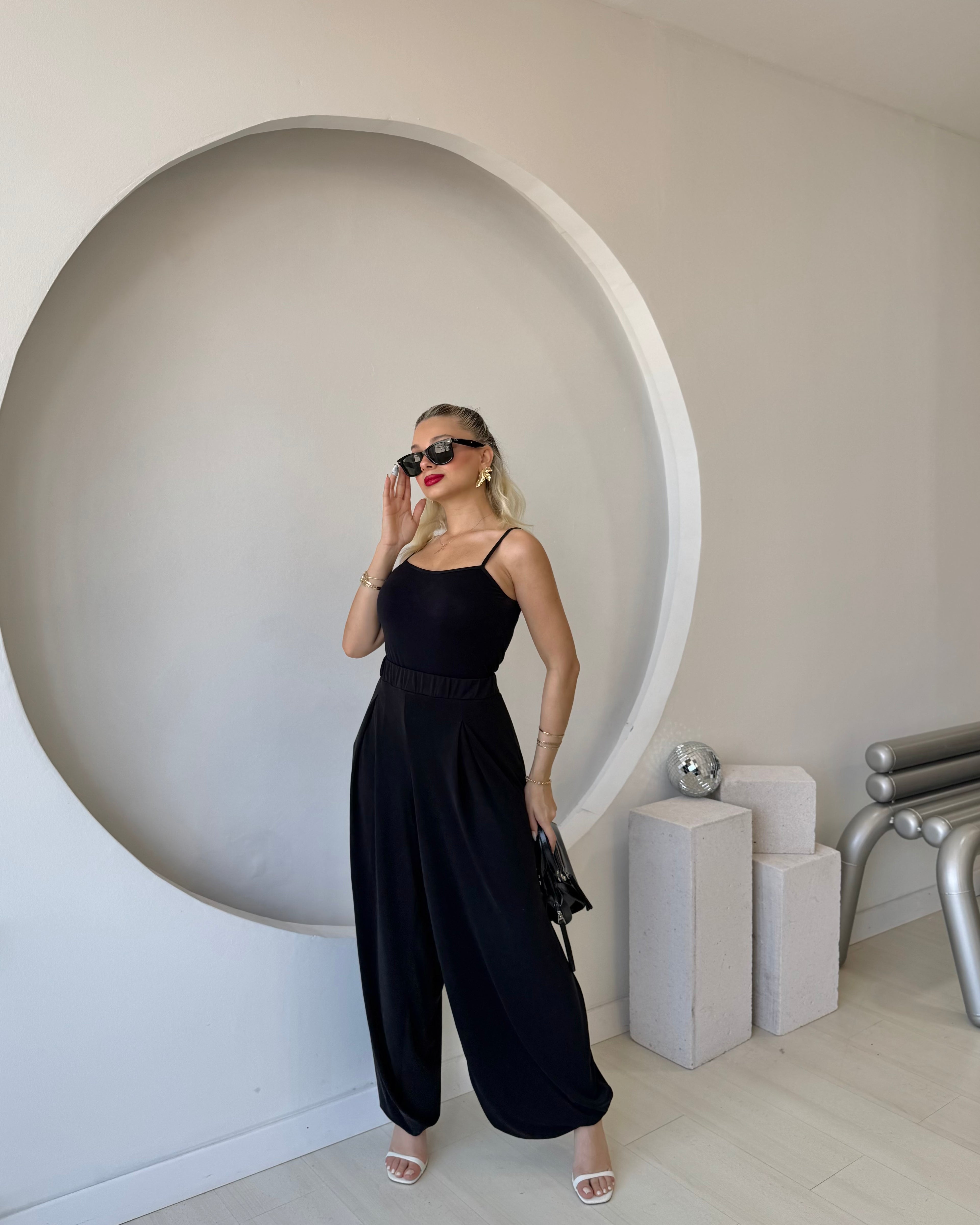 Siyah Beli Lastikli Modal Şalvar Pantolon