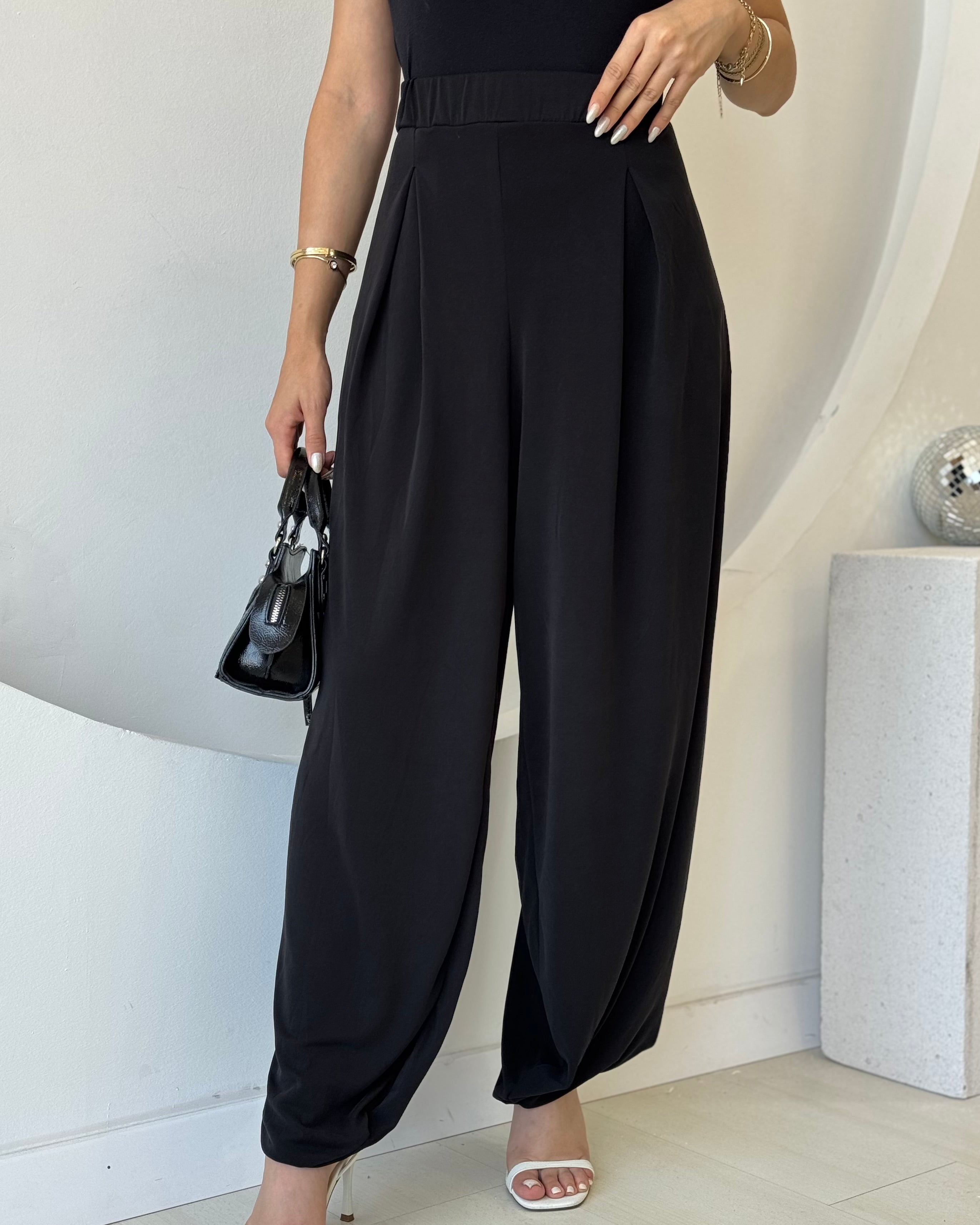 Siyah Beli Lastikli Modal Şalvar Pantolon