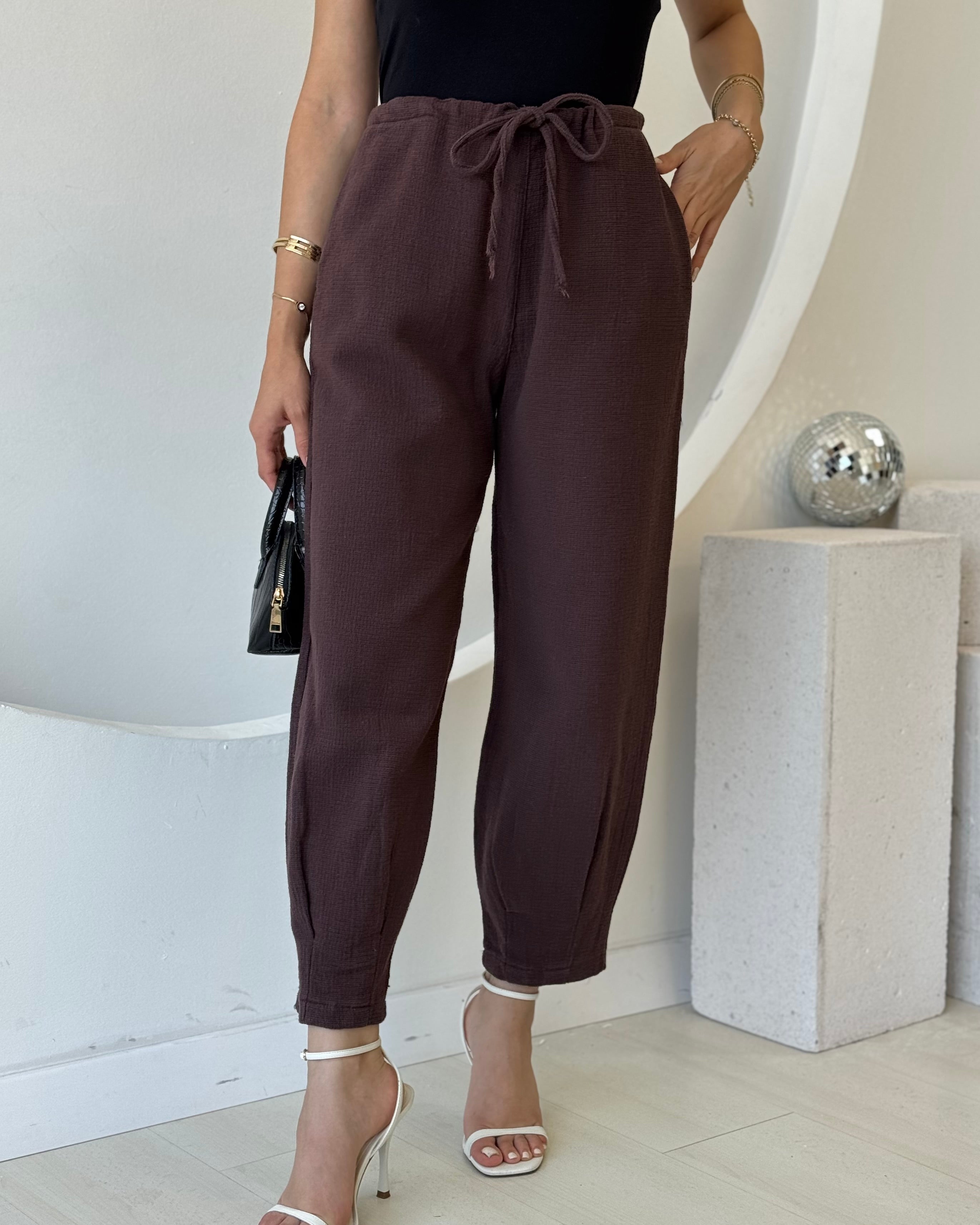 Kahverengi Ham Keten Pantolon