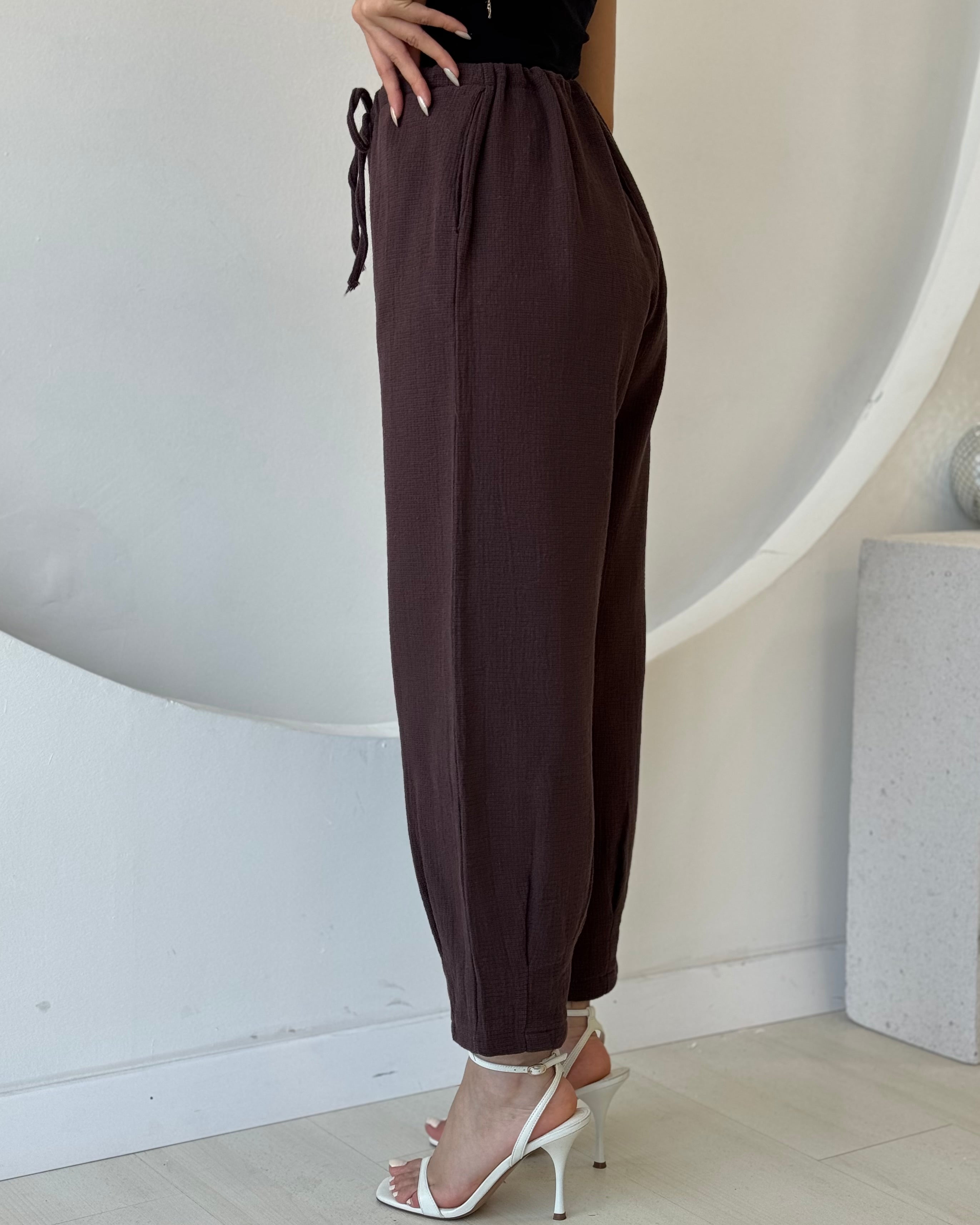 Kahverengi Ham Keten Pantolon