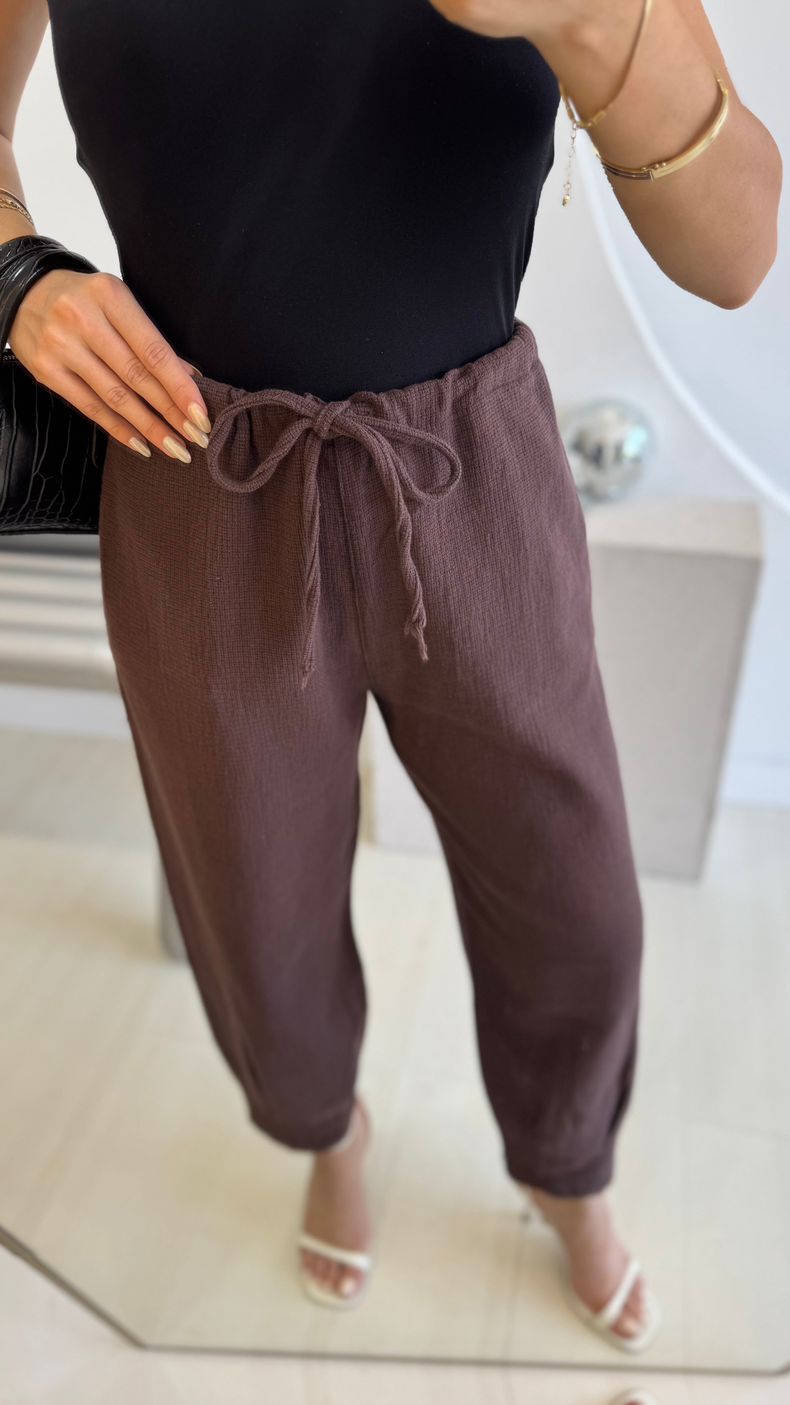 Kahverengi Ham Keten Pantolon