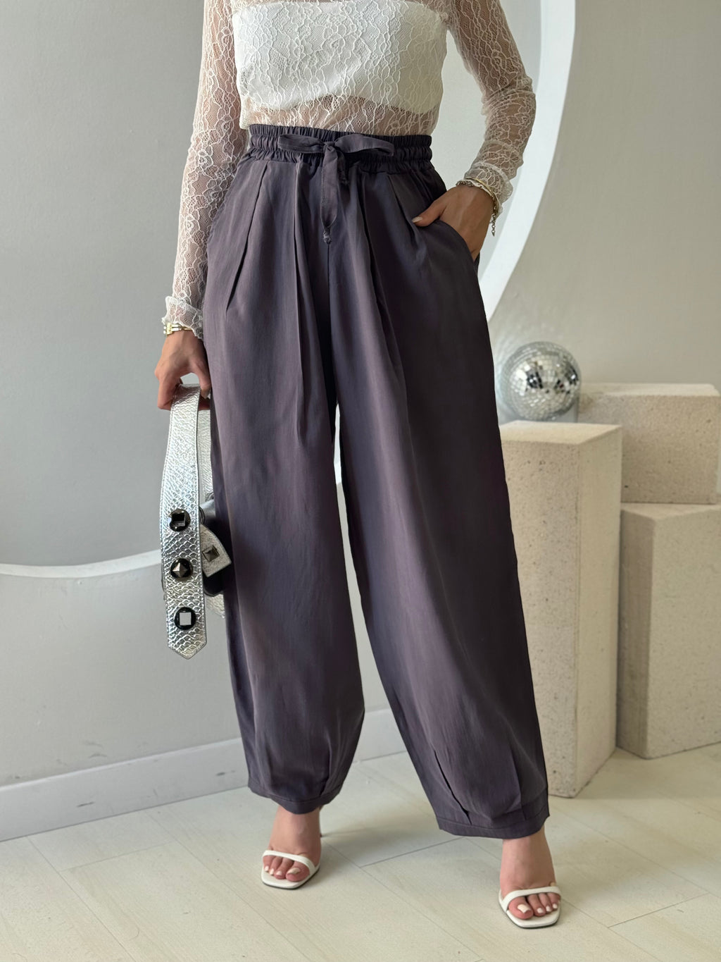 Antrasit Beli Lastikli Şalvar Pantolon