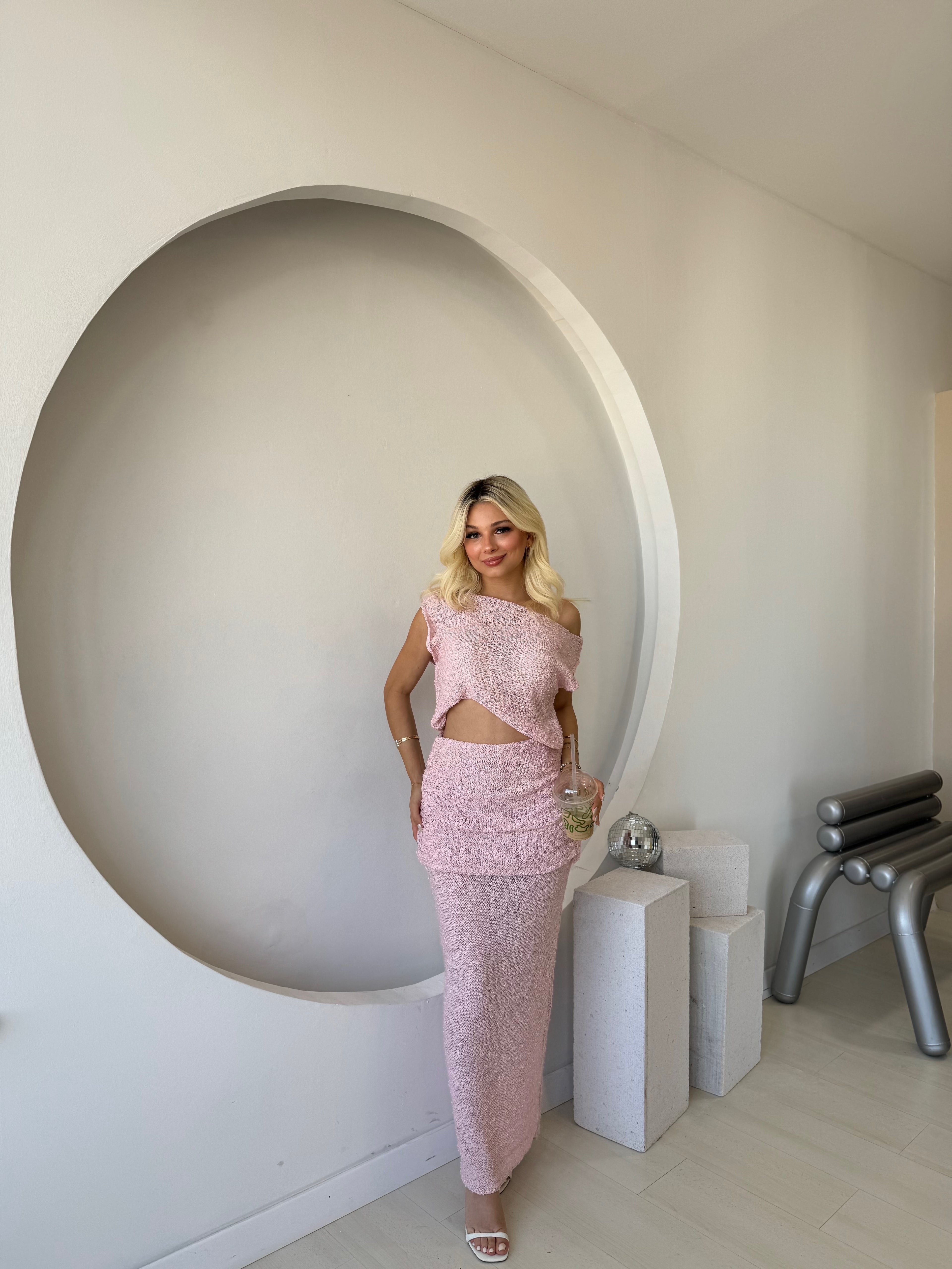 Pembe Dokulu Drape Detaylı İkili Takım