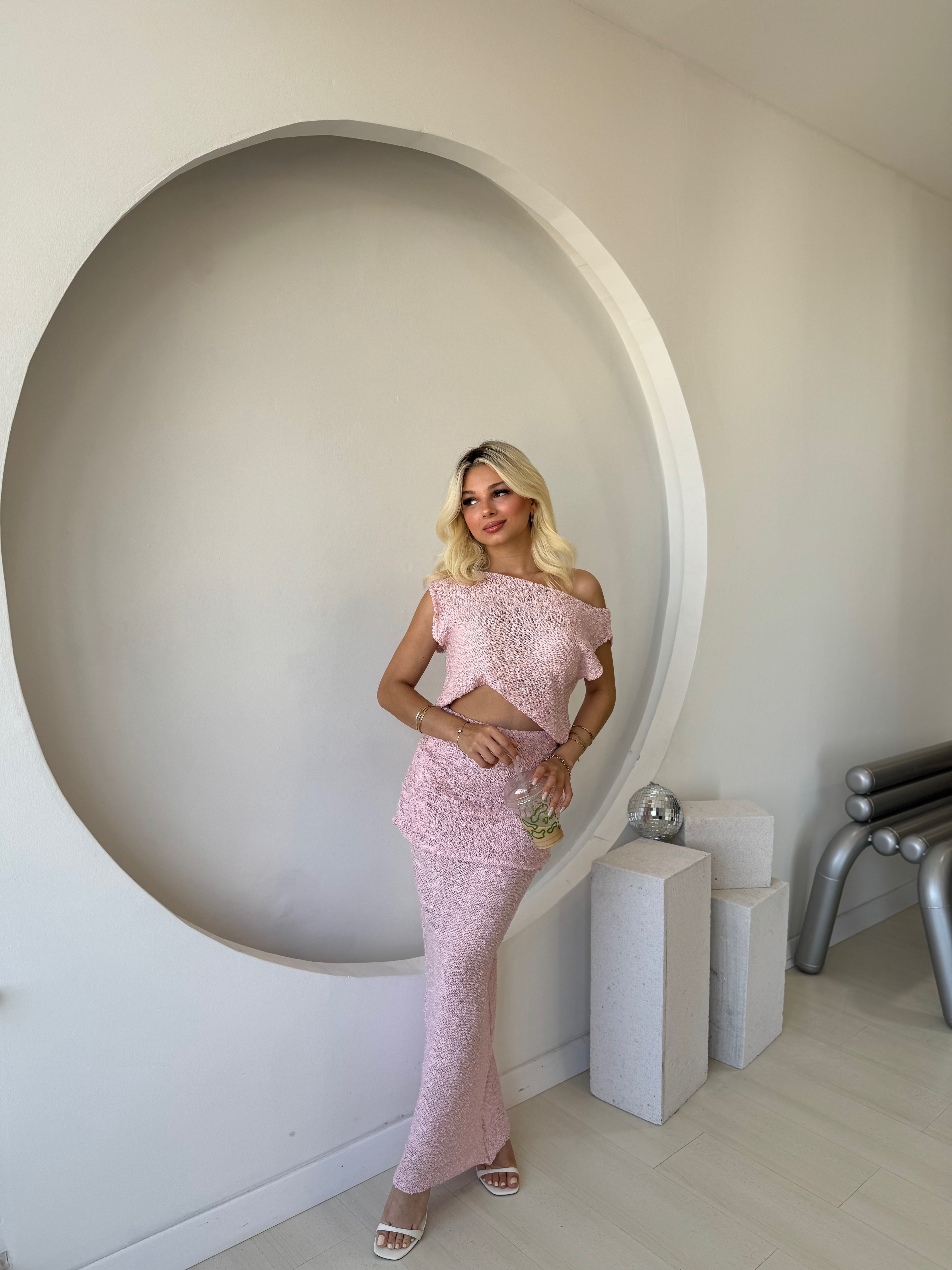 Pembe Dokulu Drape Detaylı İkili Takım