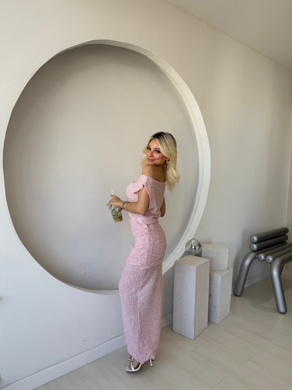 Pembe Dokulu Drape Detaylı İkili Takım