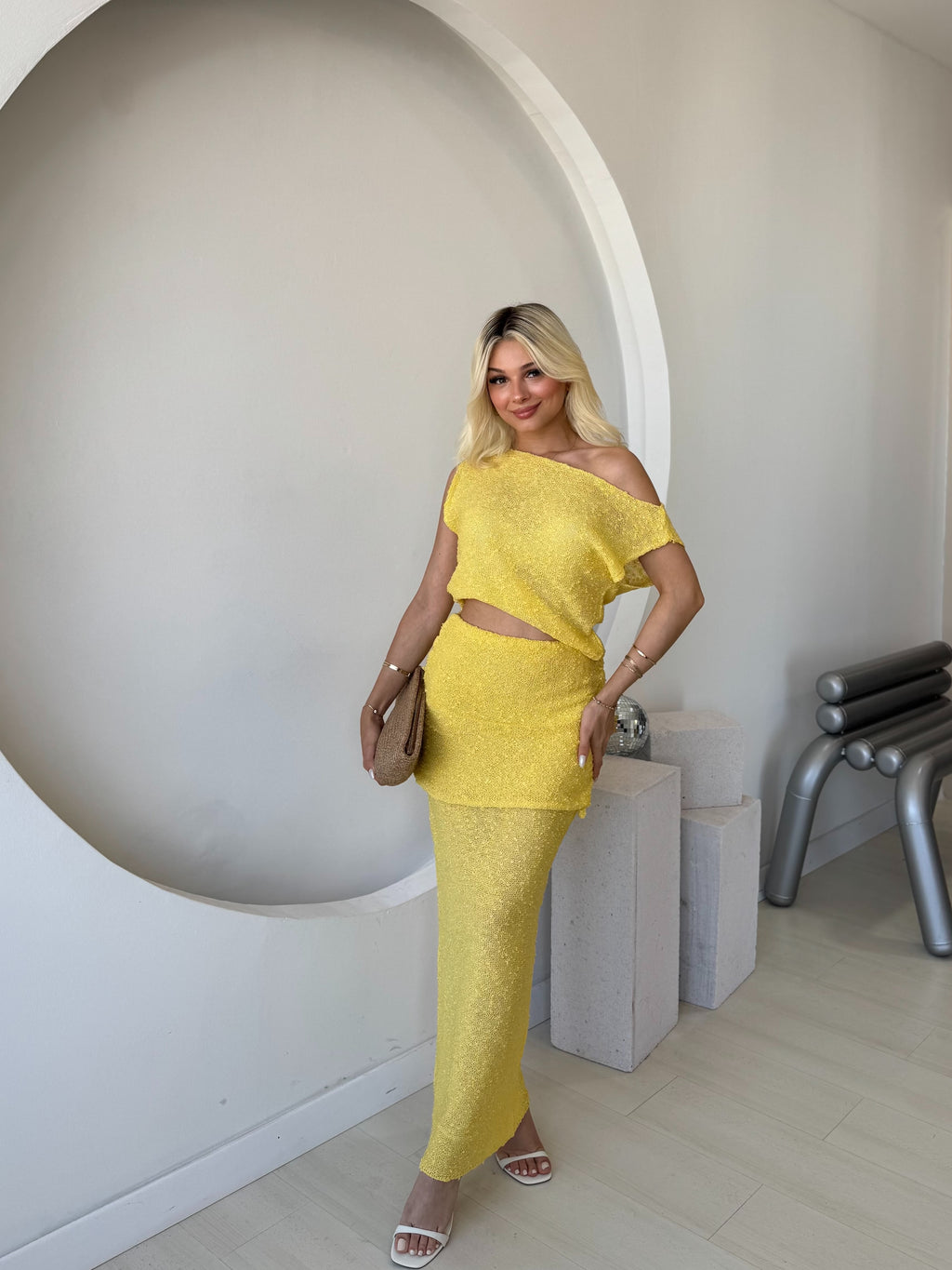 Sarı  Dokulu Drape Detaylı İkili Takım