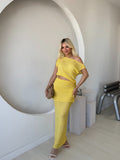 Sarı  Dokulu Drape Detaylı İkili Takım