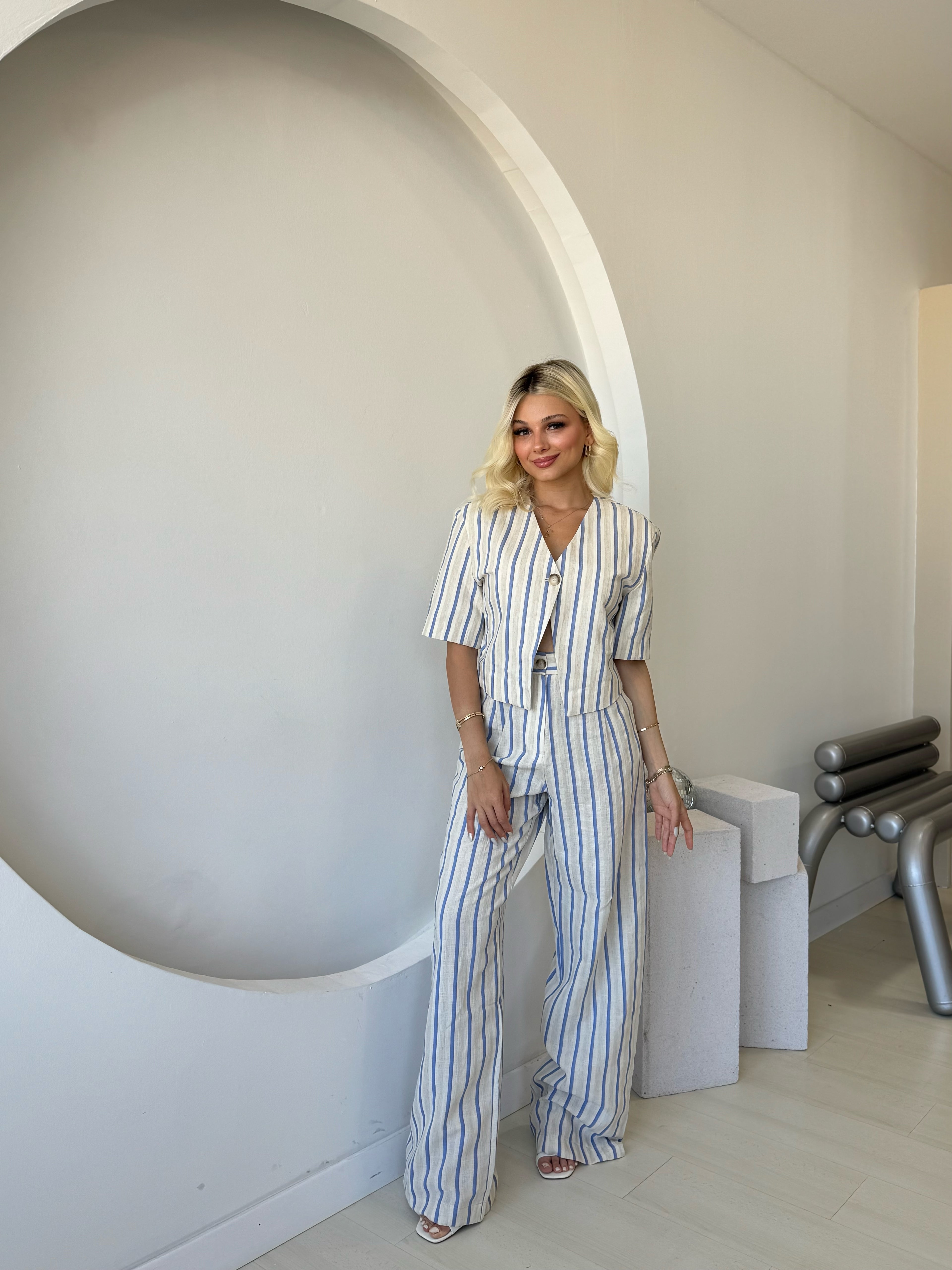 Çizgili Tek Düğme Kısa kol Ceket Düz Kesim Pantolon Takım