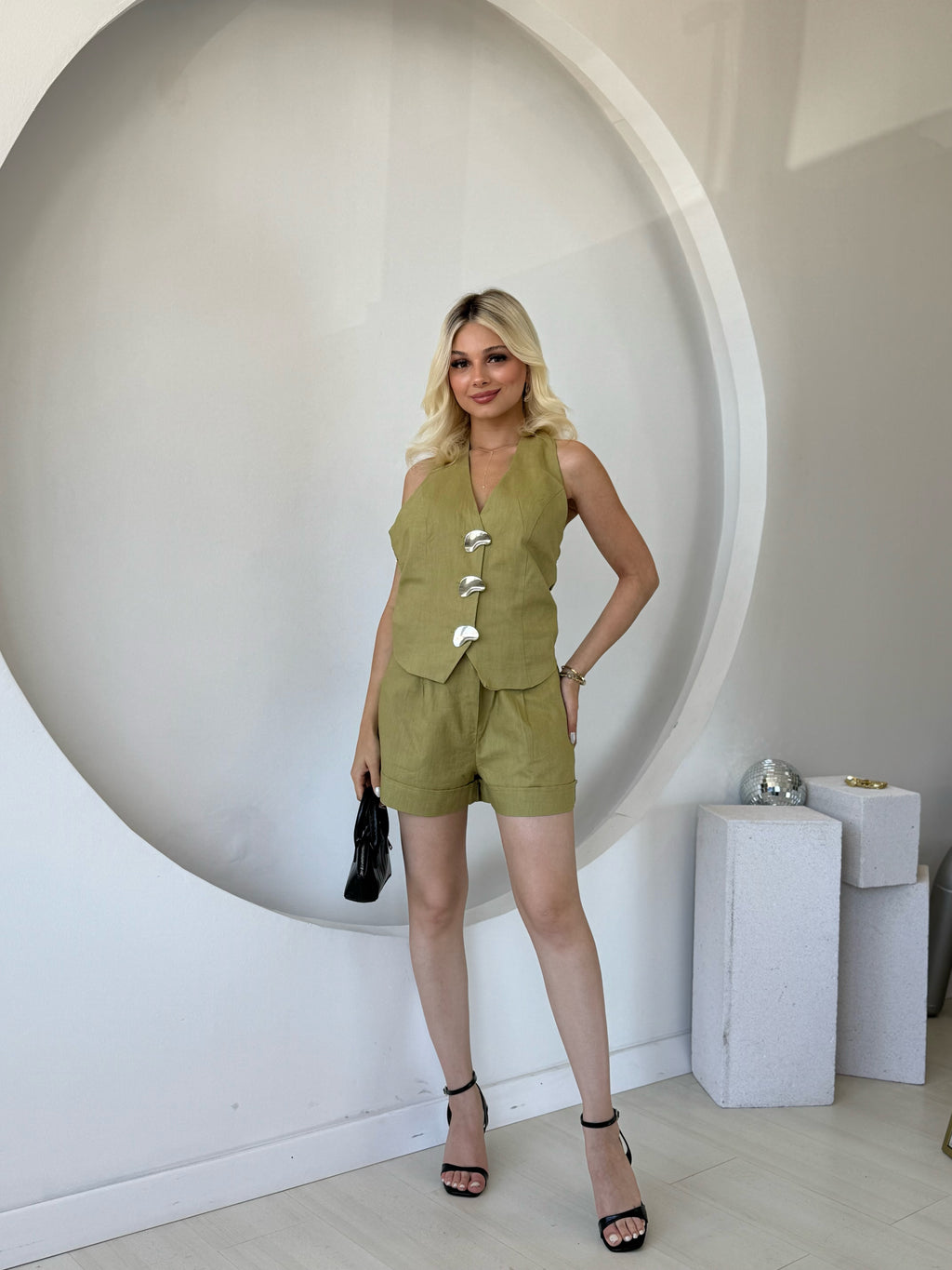 Premium Keten Yeşil Yelek Şort Takım