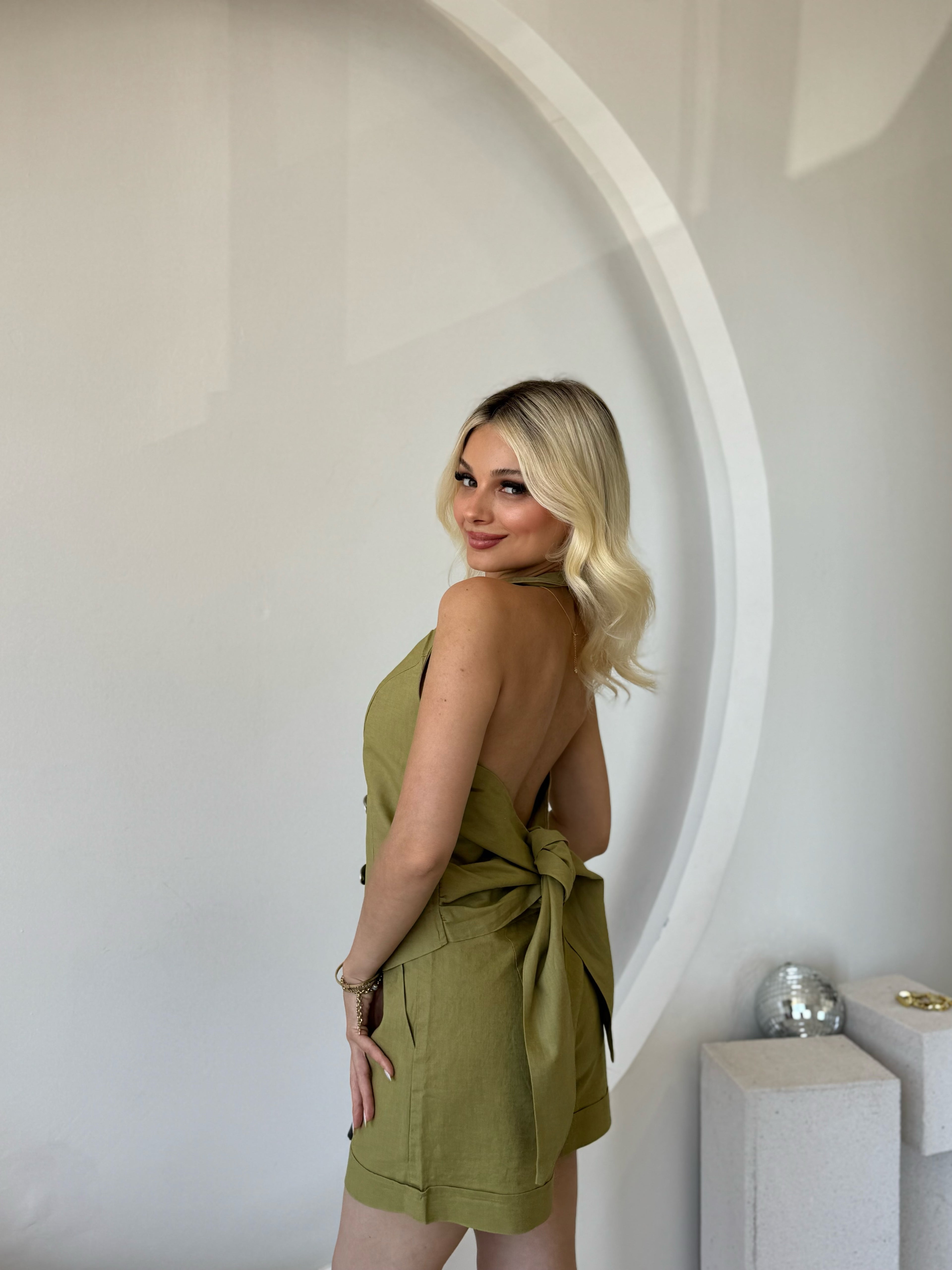 Premium Keten Yeşil Yelek Şort Takım