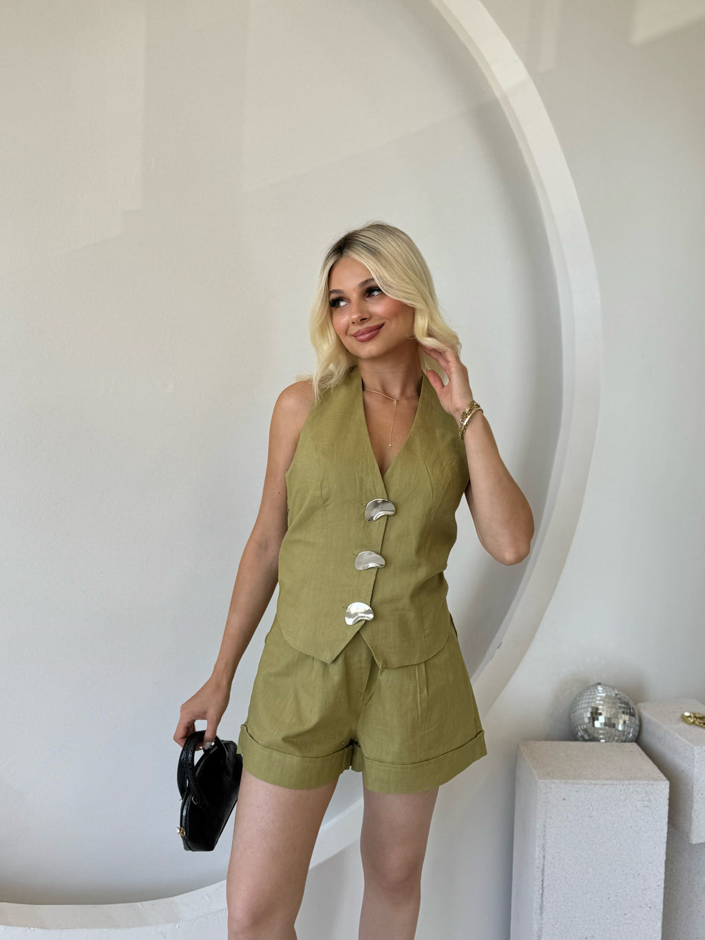 Premium Keten Yeşil Yelek Şort Takım