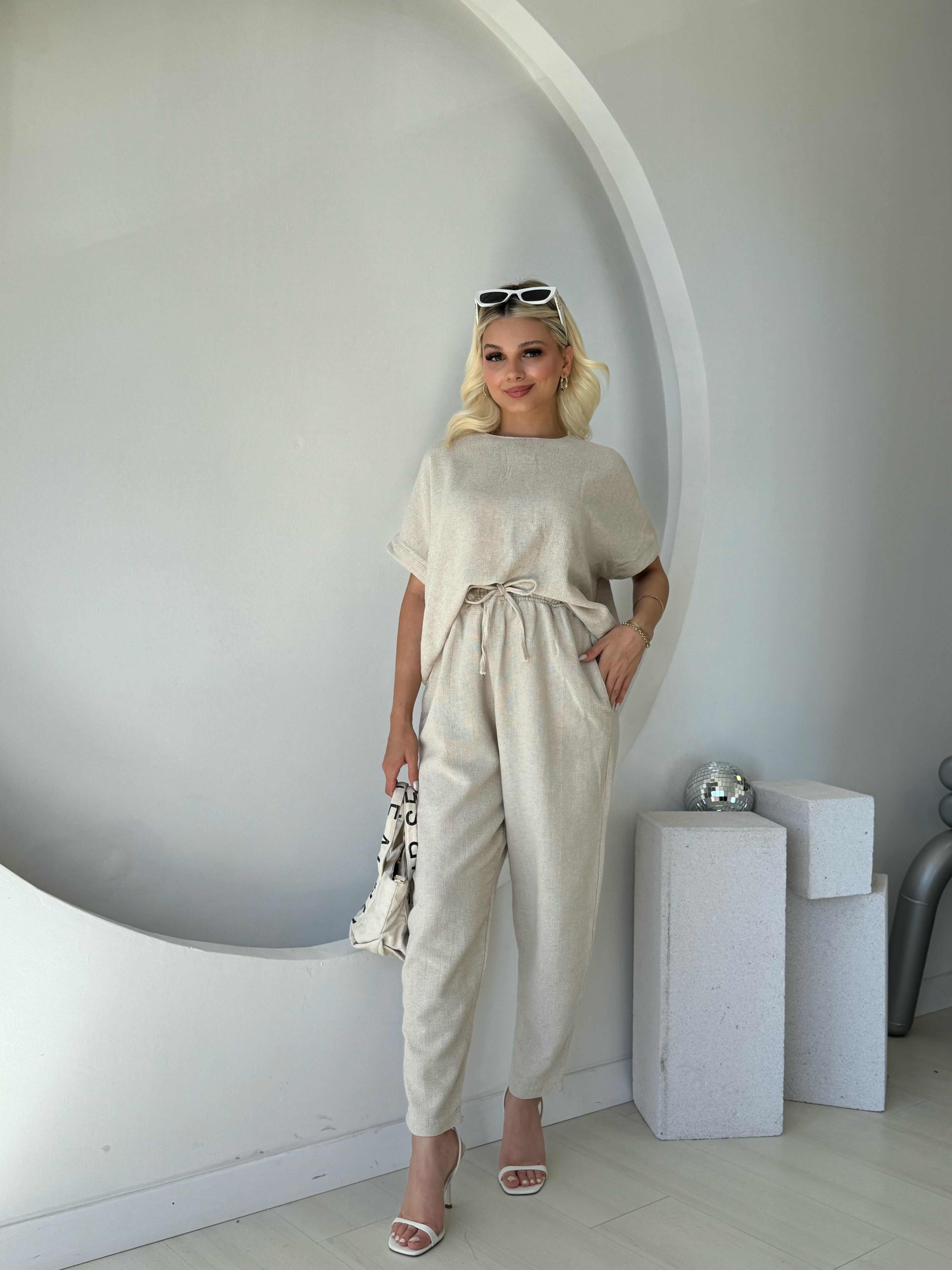 Taş Rengi Ham Keten İkili Takım