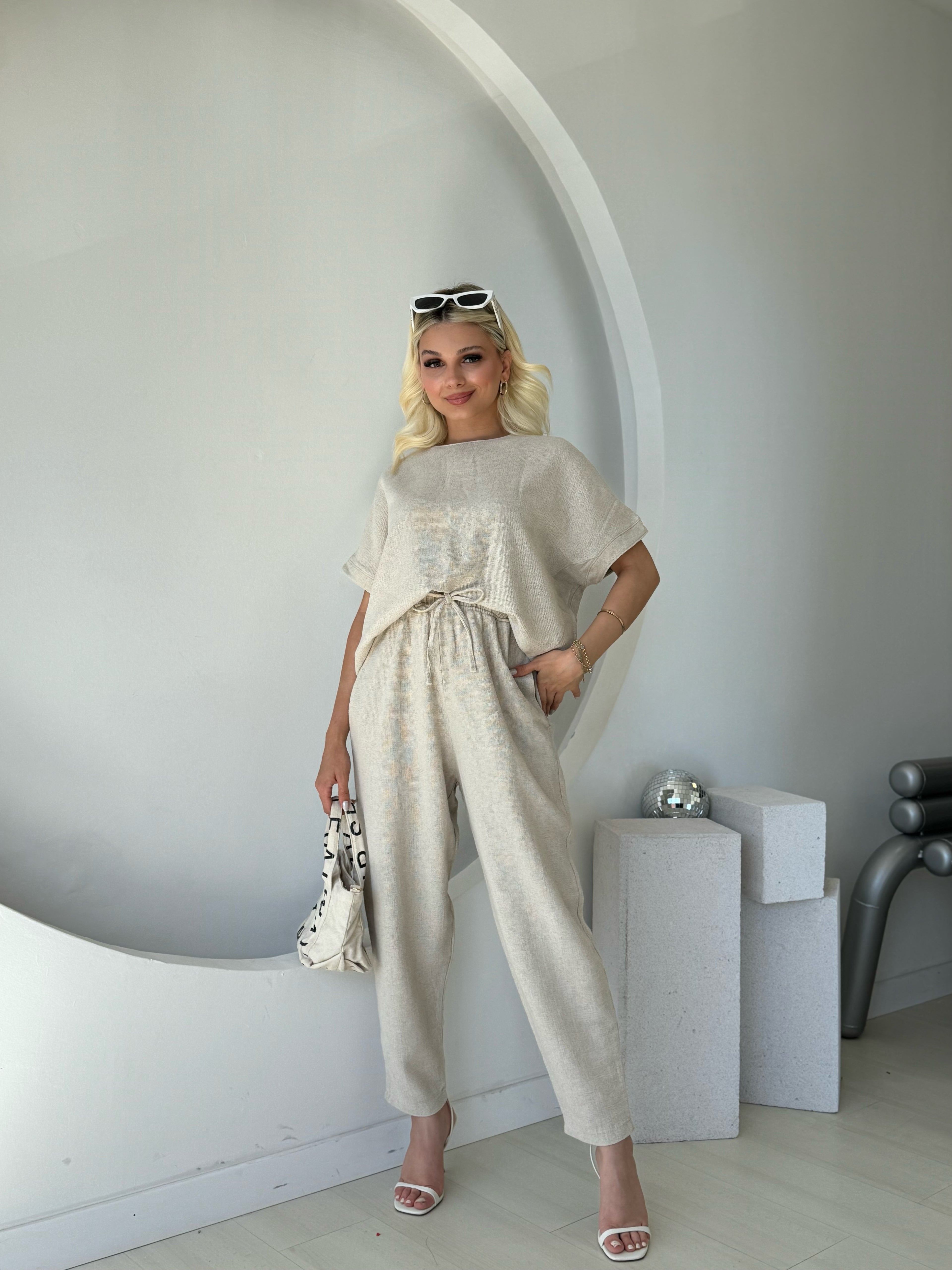 Taş Rengi Ham Keten İkili Takım