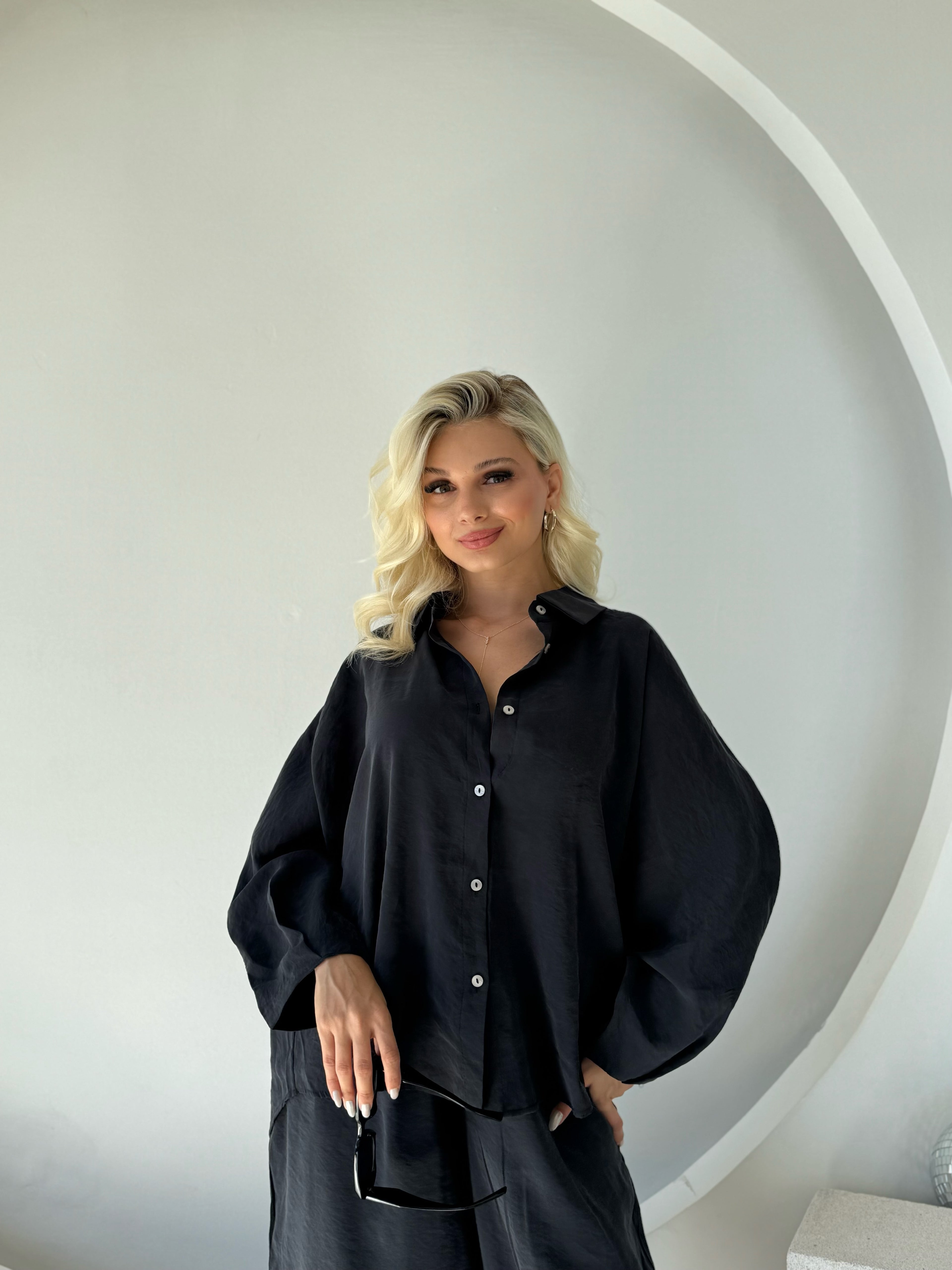 Siyah Tensel Gömlek Pantolon Takım