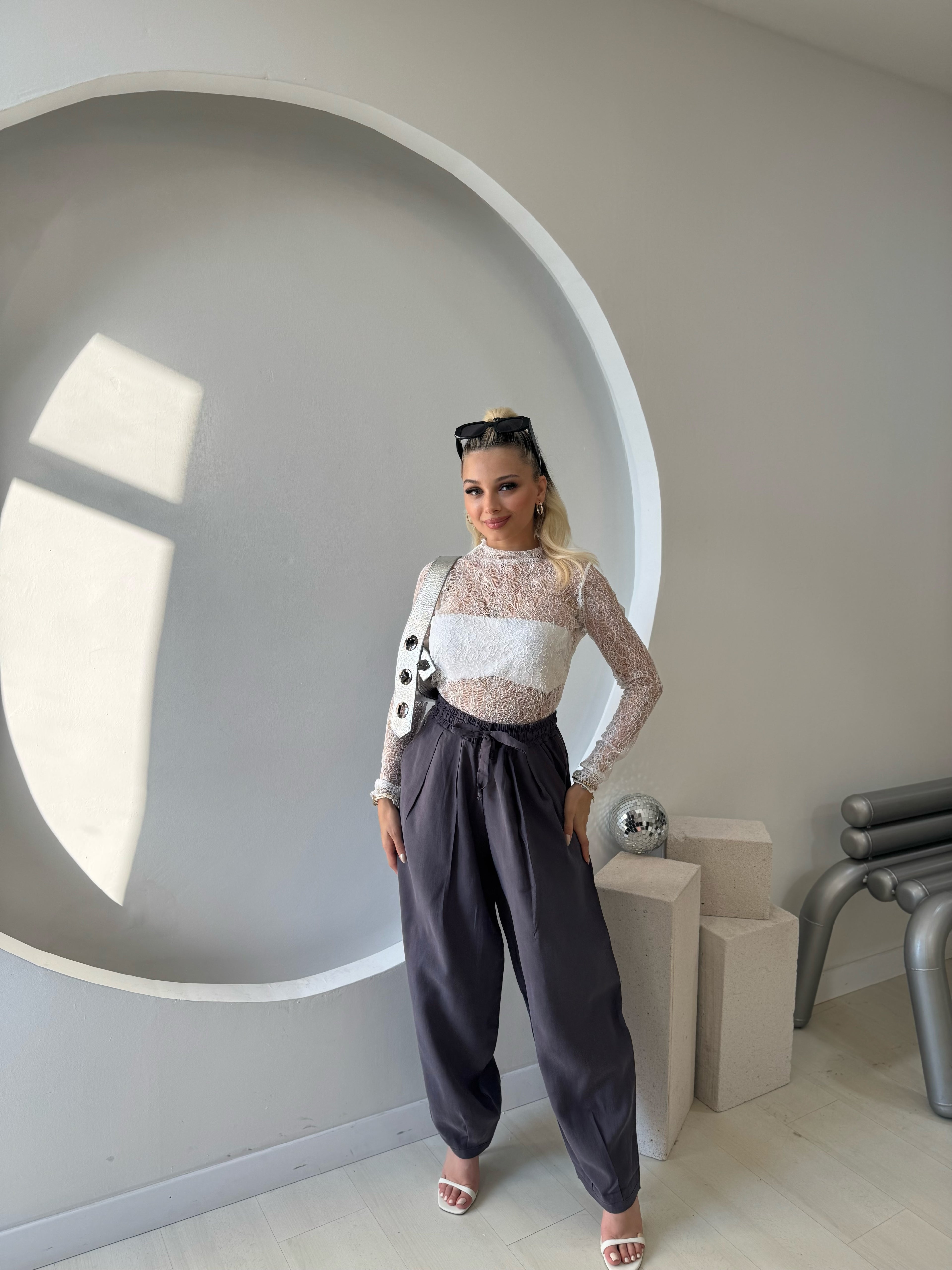 Antrasit Beli Lastikli Şalvar Pantolon