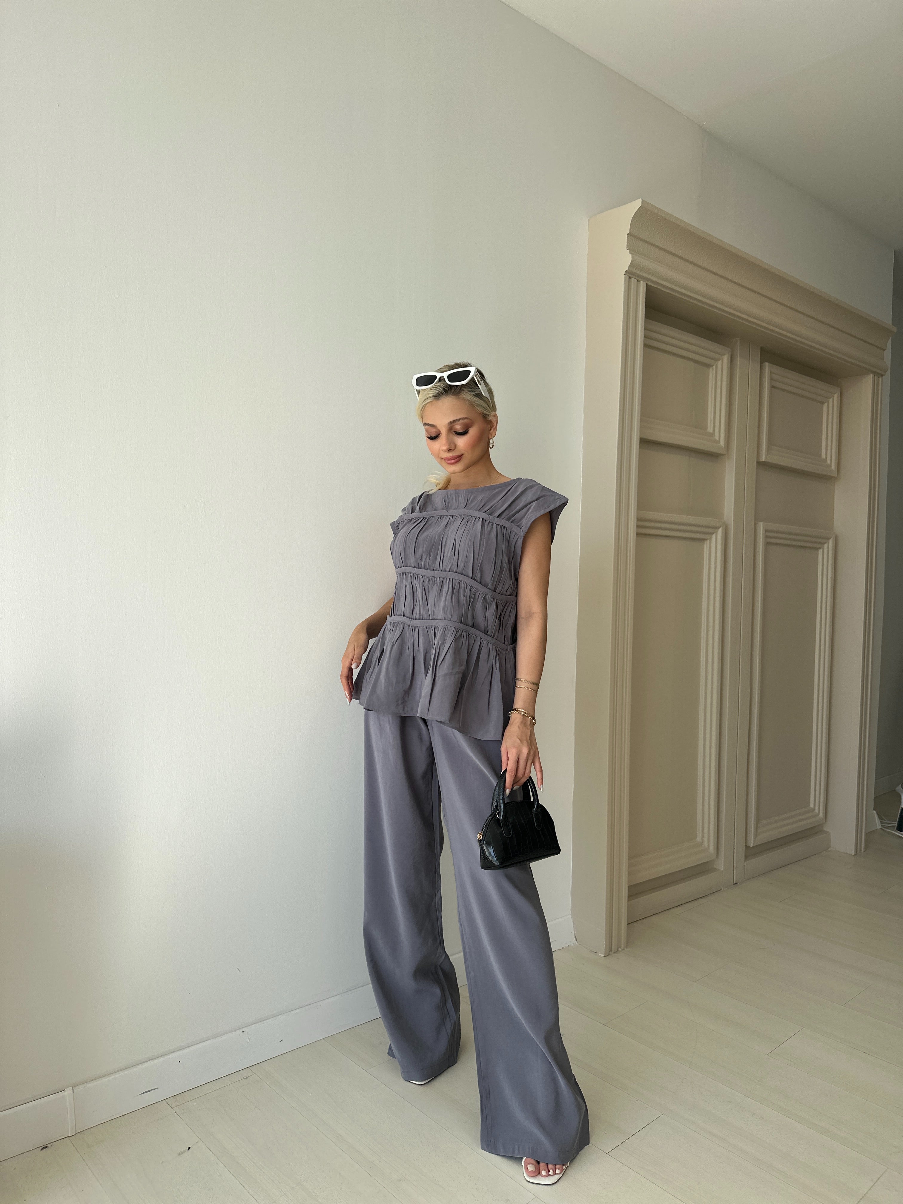 İndigo Nervürlü Bluz Pantolon Takım