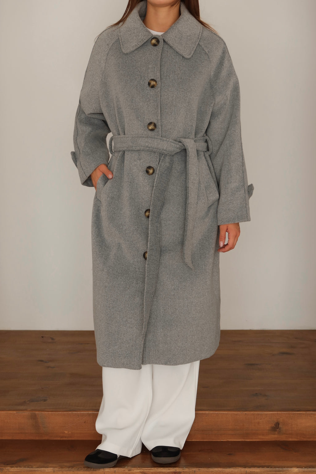 Gri Kuşaklı Premium Kaşe Kaban