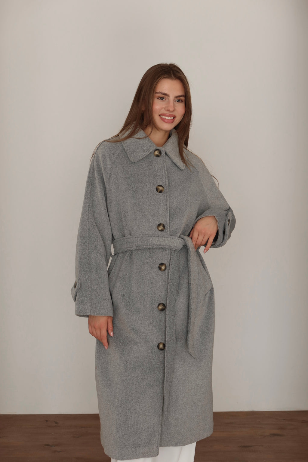 Gri Kuşaklı Premium Kaşe Kaban