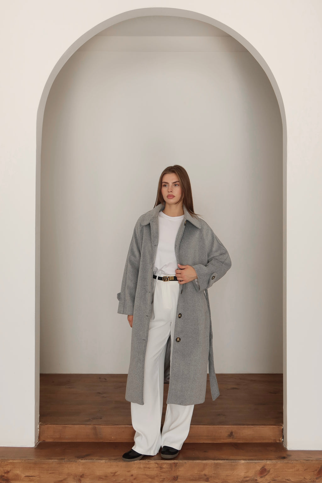 Gri Kuşaklı Premium Kaşe Kaban