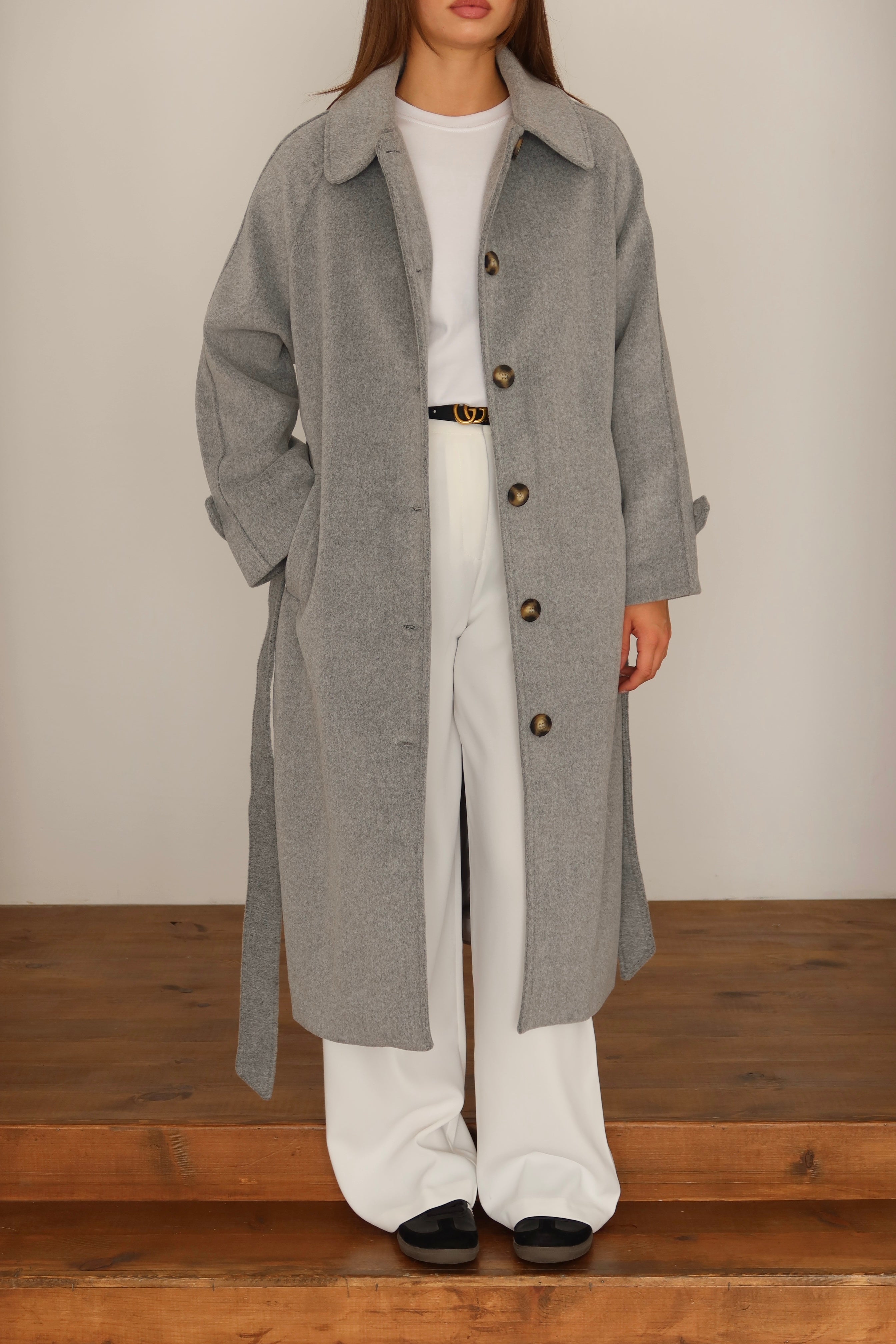 Gri Kuşaklı Premium Kaşe Kaban