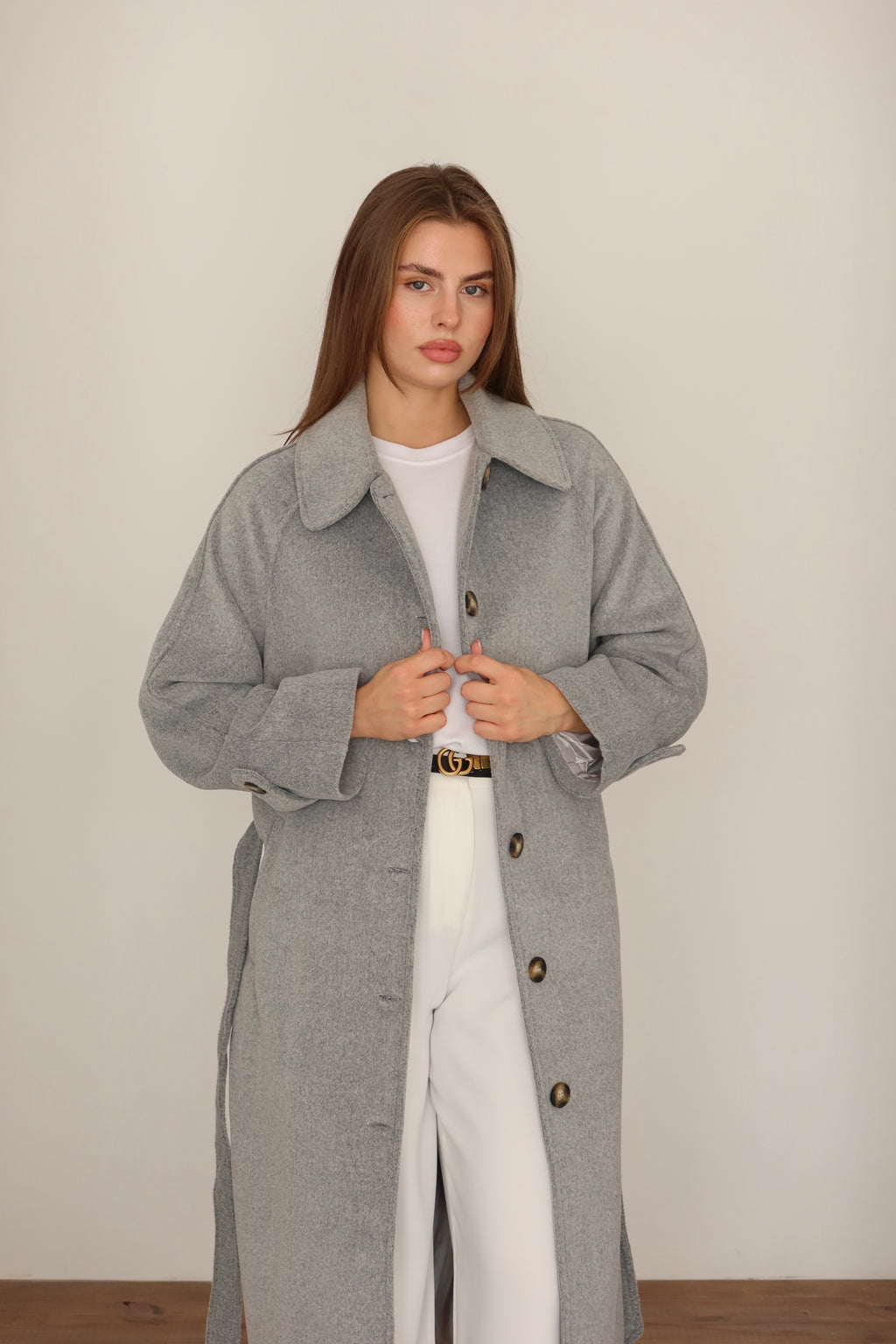 Gri Kuşaklı Premium Kaşe Kaban