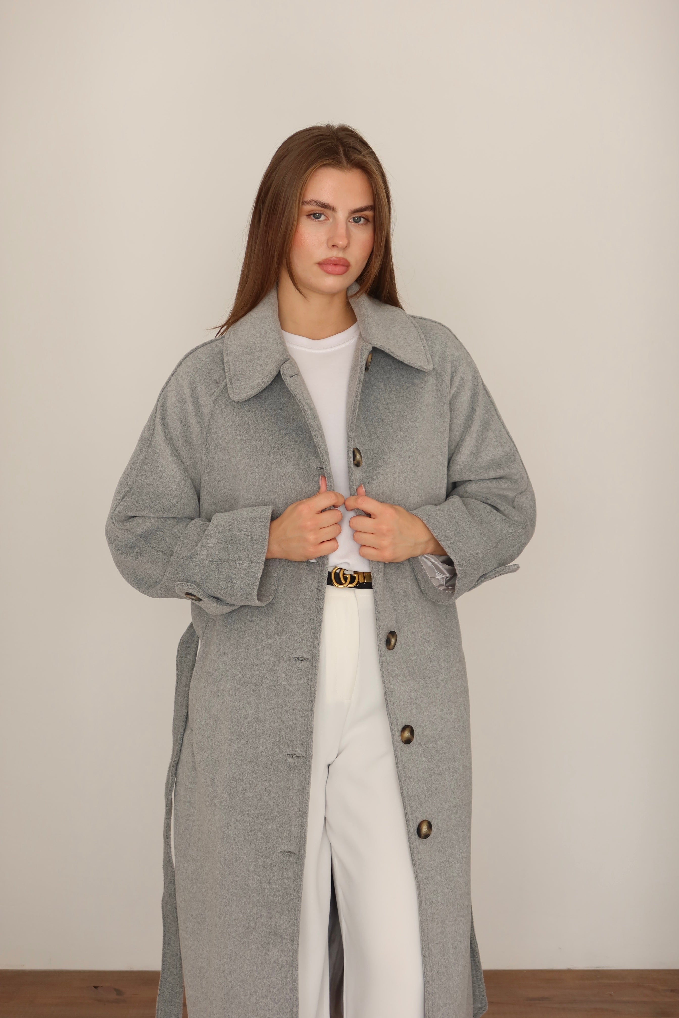 Gri Kuşaklı Premium Kaşe Kaban