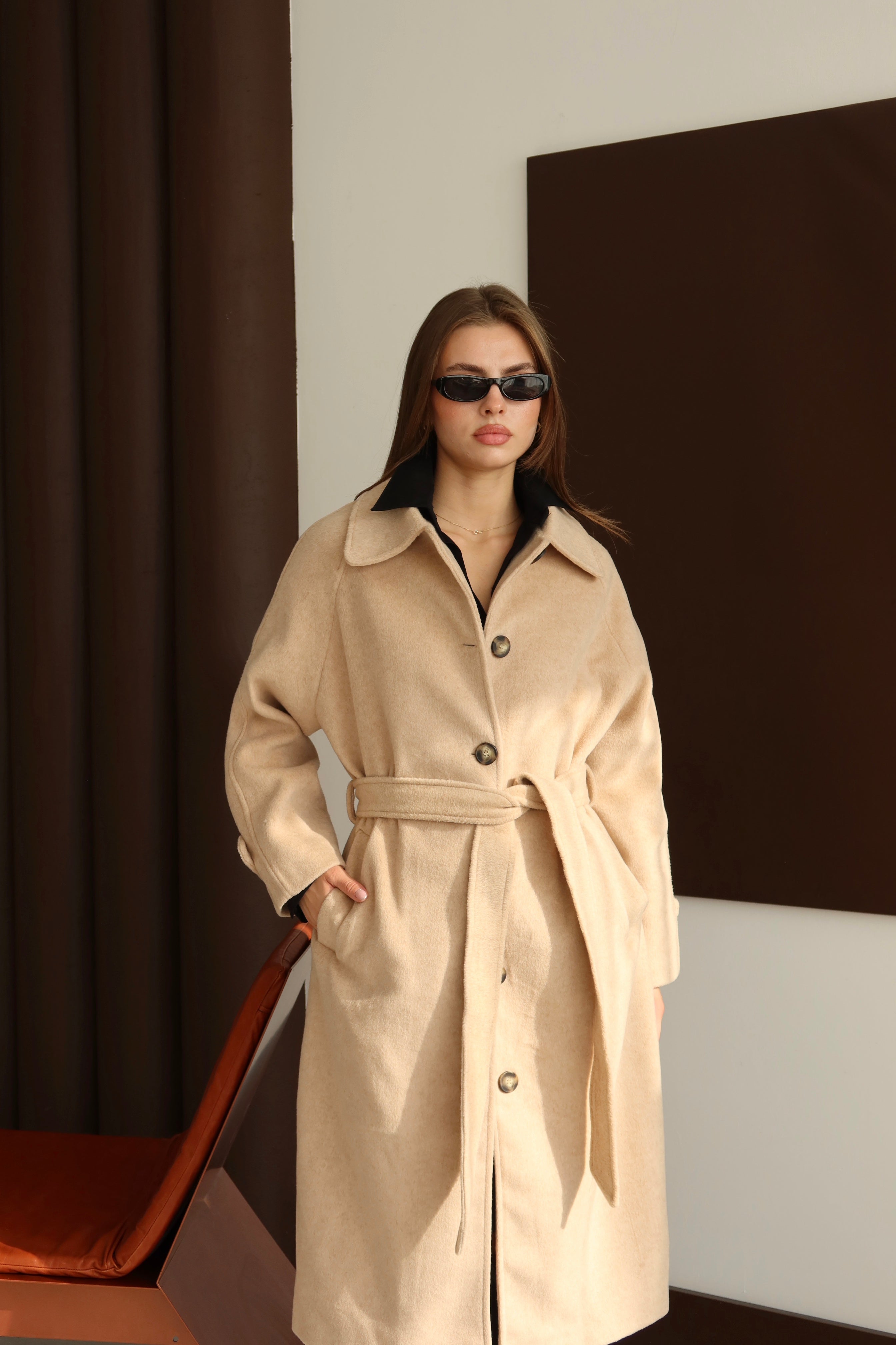 Bej Kuşaklı Premium Kaşe Kaban