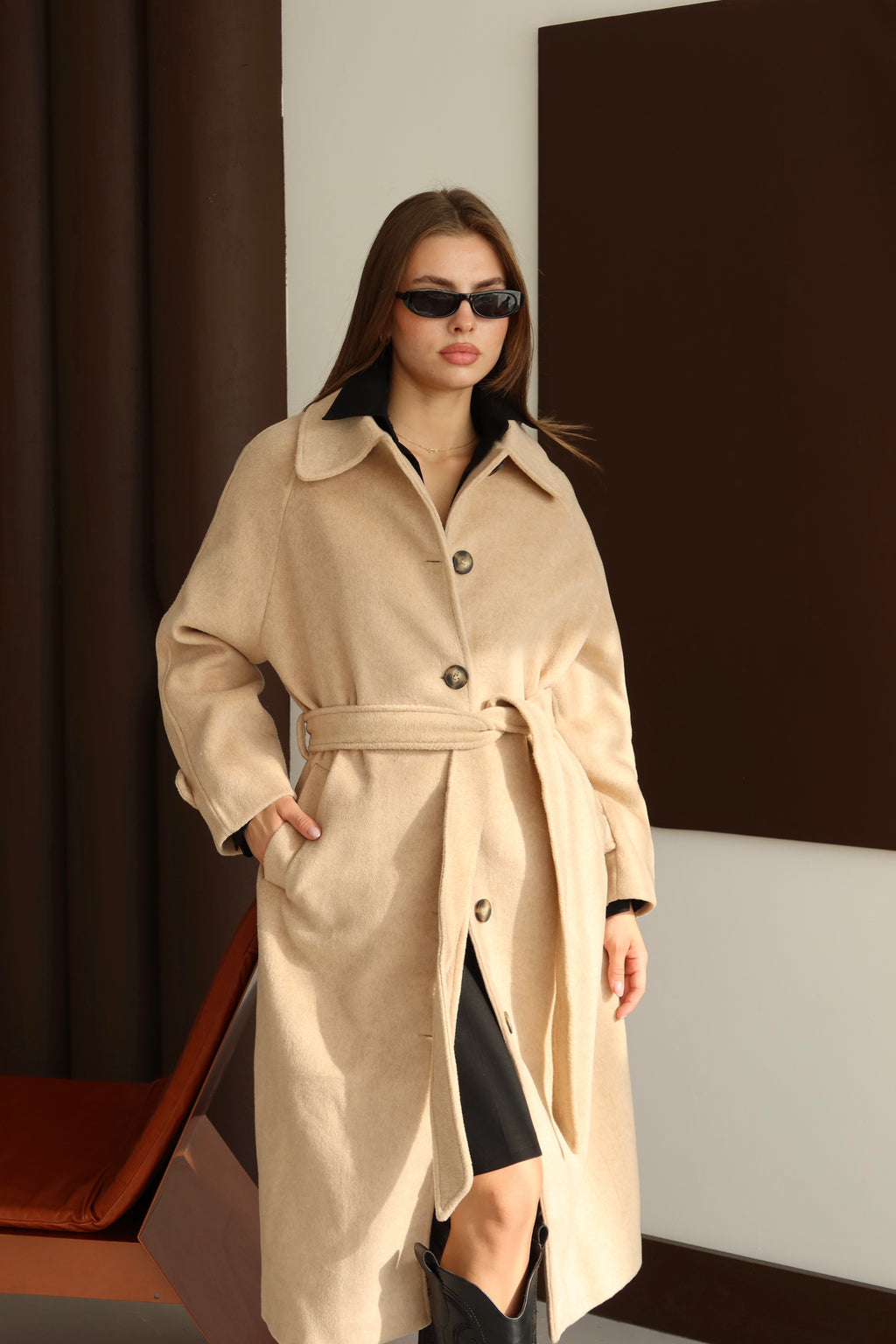 Bej Kuşaklı Premium Kaşe Kaban