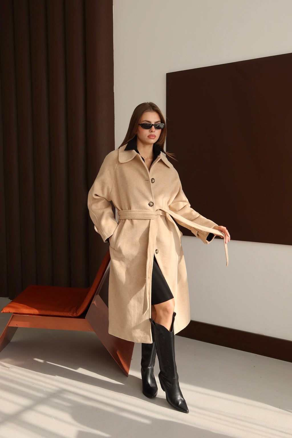 Bej Kuşaklı Premium Kaşe Kaban