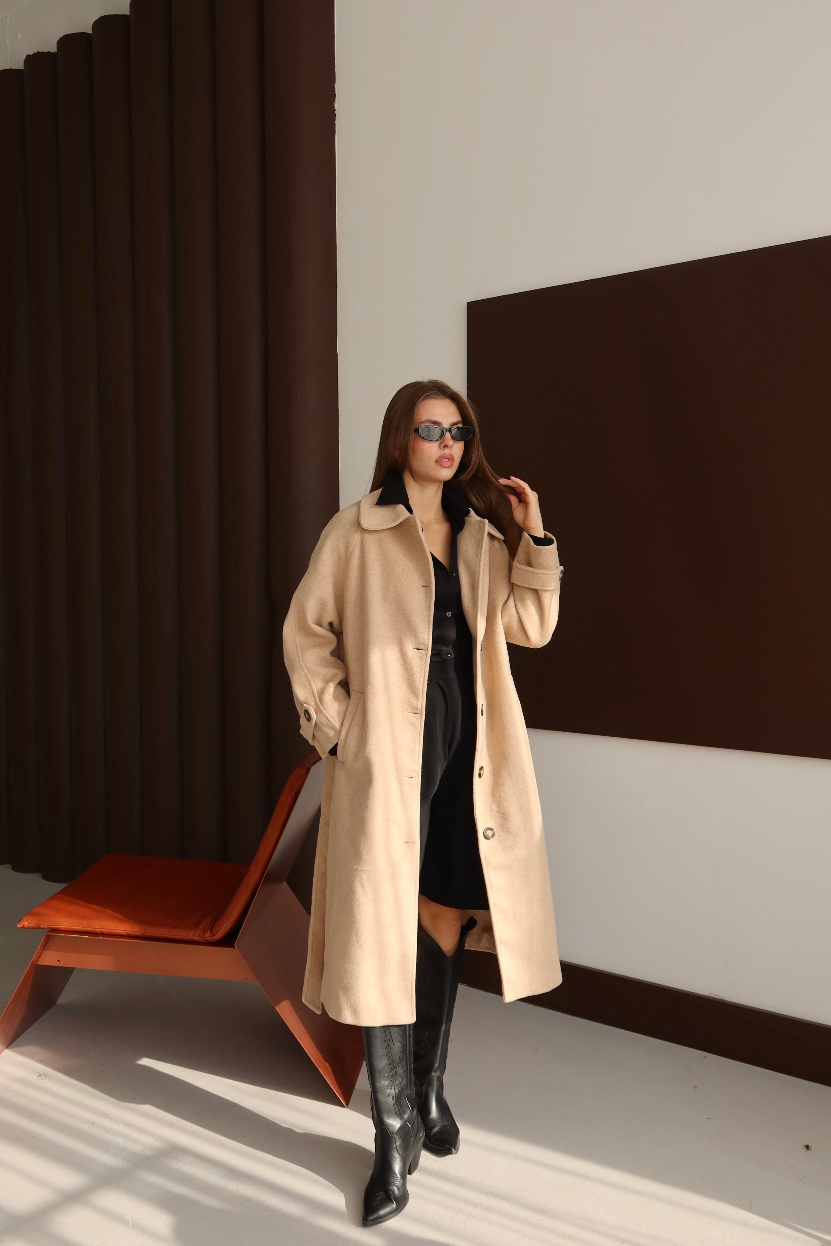 Bej Kuşaklı Premium Kaşe Kaban