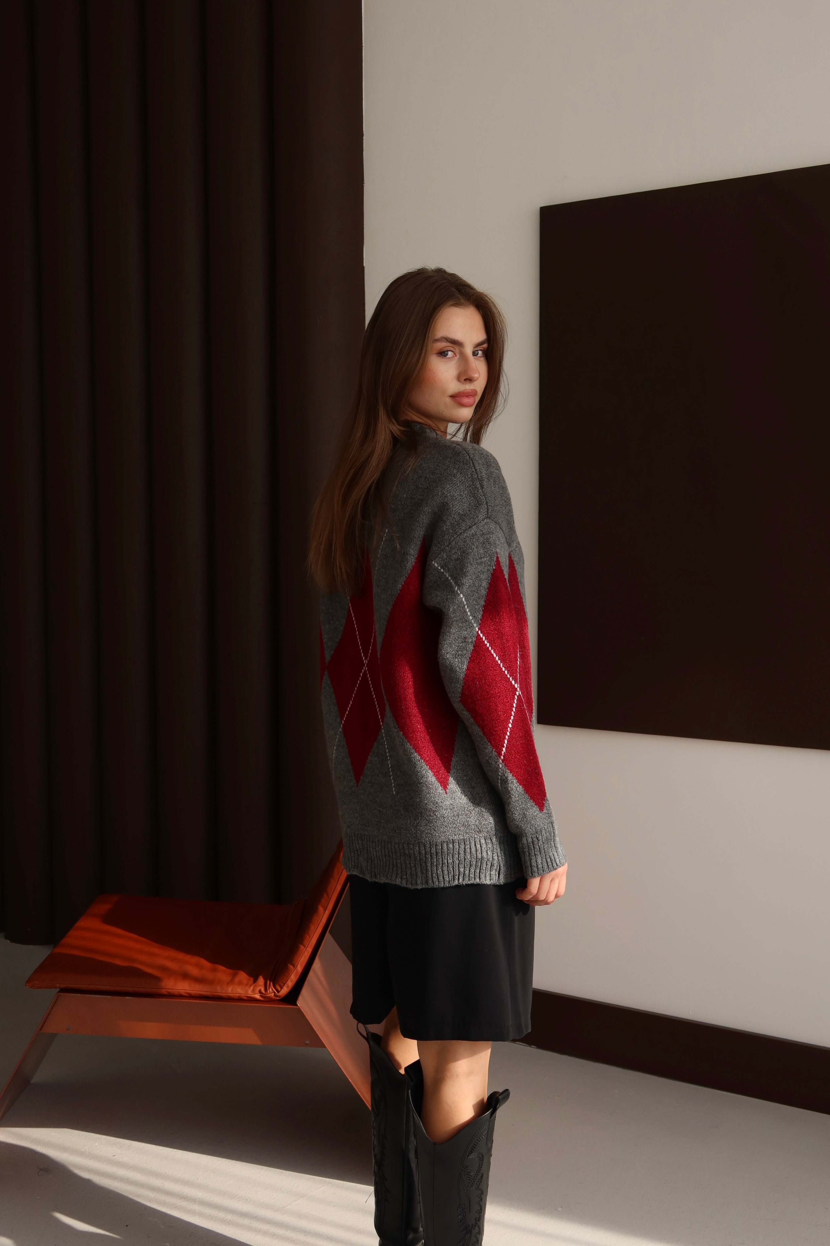 Gri Bordo Baklava Desen Kazak