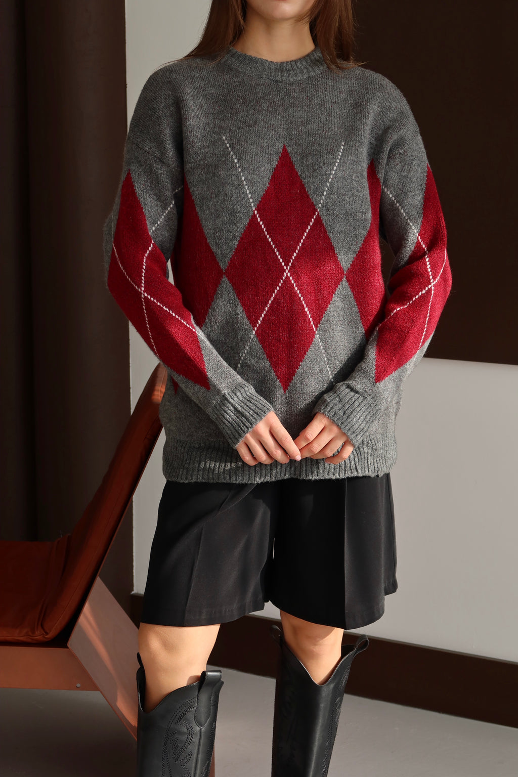 Gri Bordo Baklava Desen Kazak