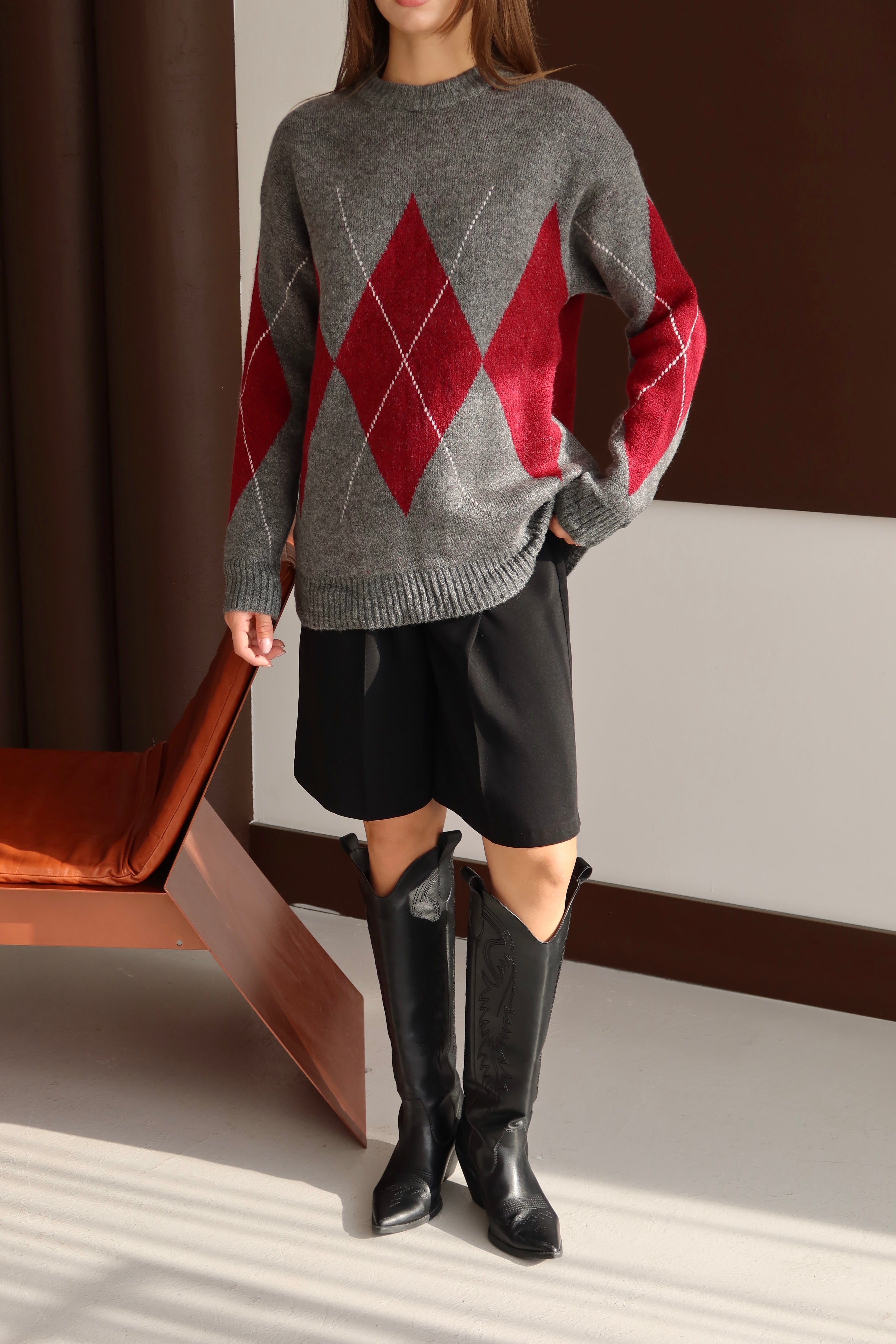 Gri Bordo Baklava Desen Kazak