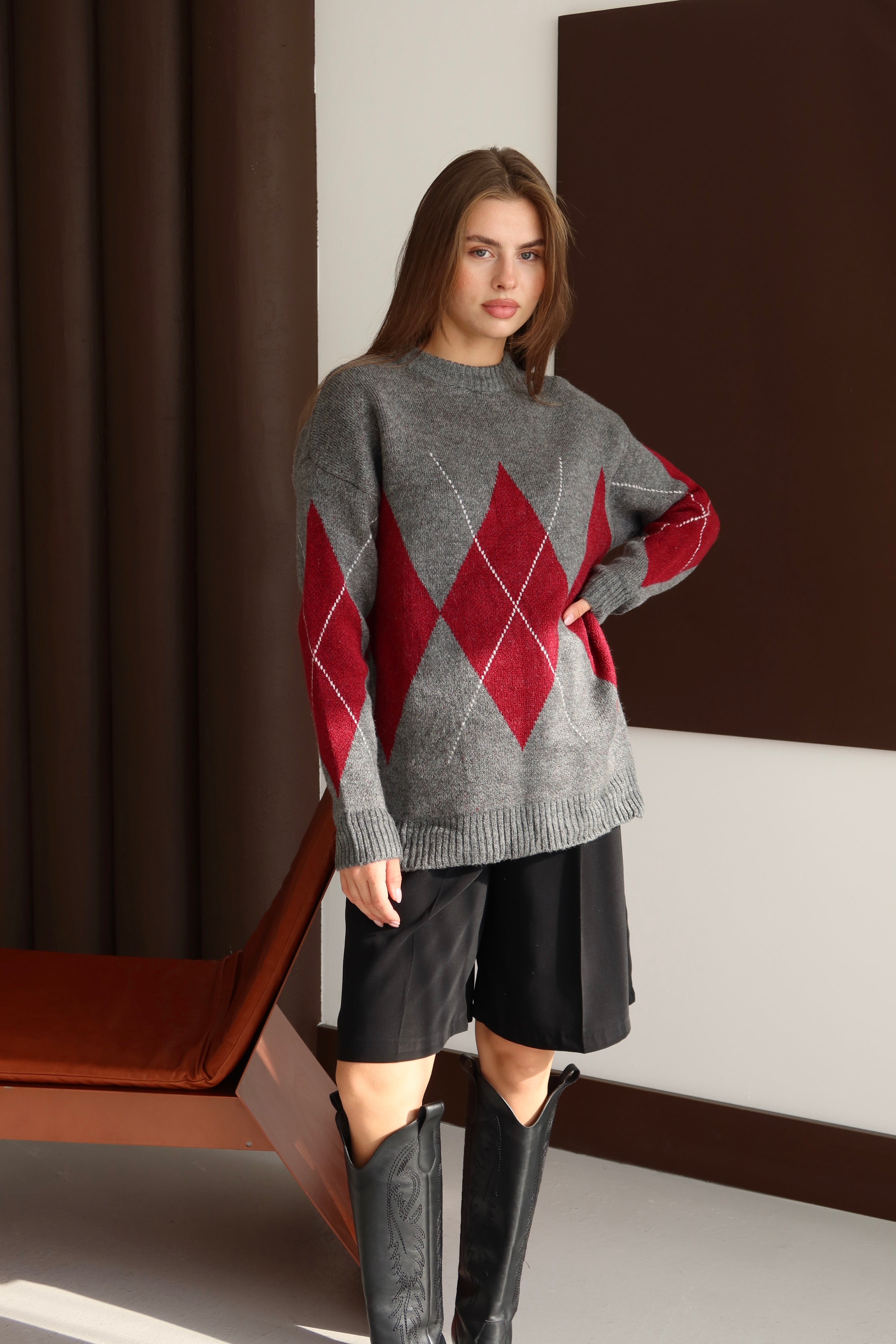 Gri Bordo Baklava Desen Kazak