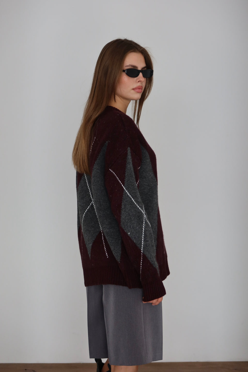 Gri Mor Baklava Desen Kazak