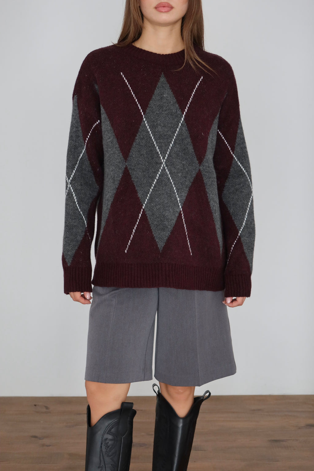 Gri Mor Baklava Desen Kazak