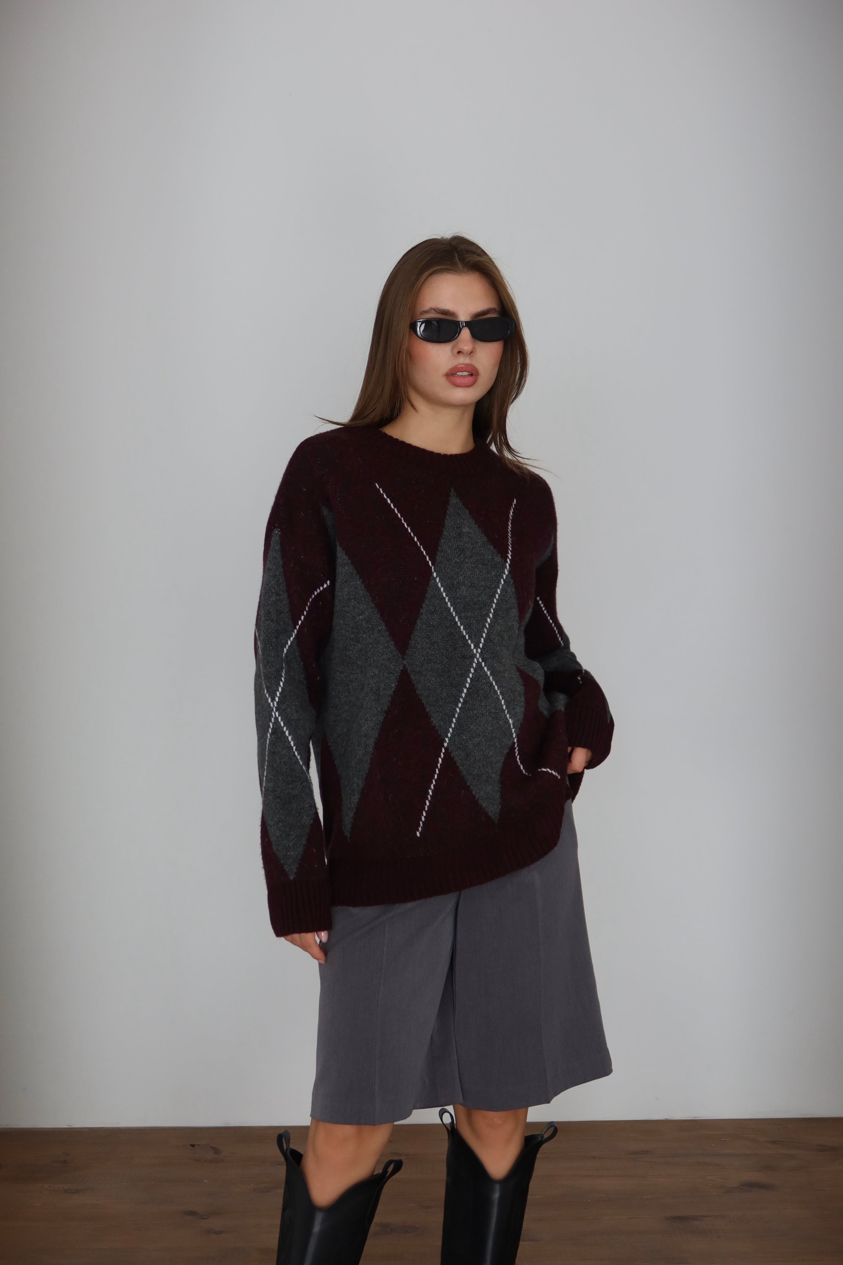 Gri Mor Baklava Desen Kazak