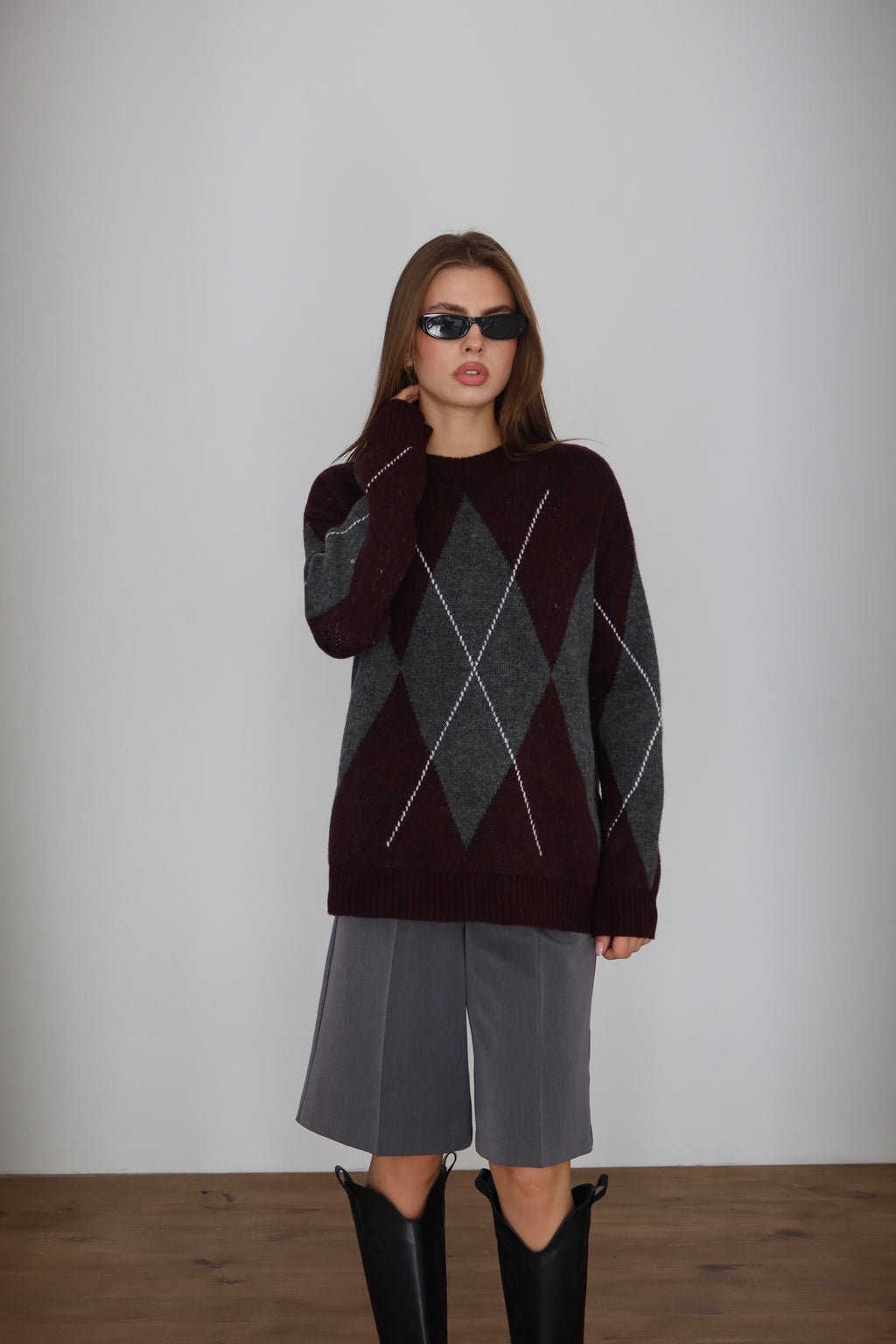 Gri Mor Baklava Desen Kazak