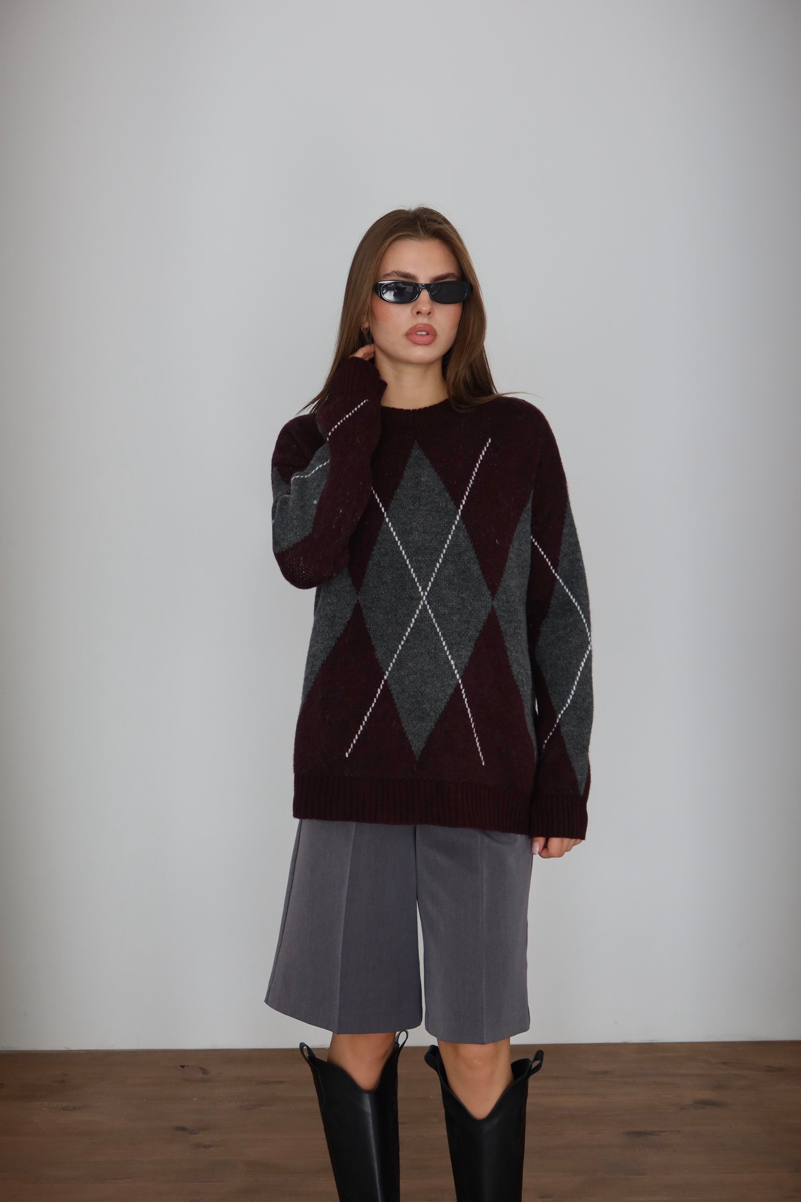 Gri Mor Baklava Desen Kazak