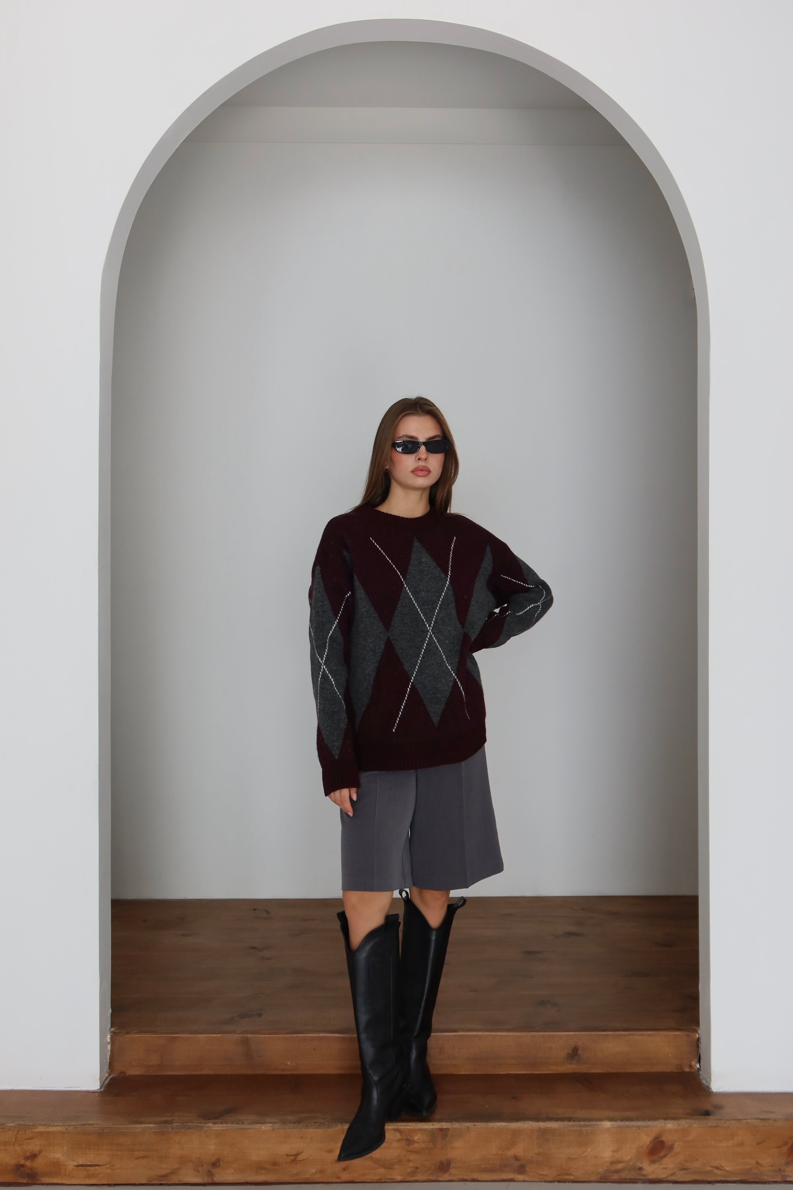 Gri Mor Baklava Desen Kazak