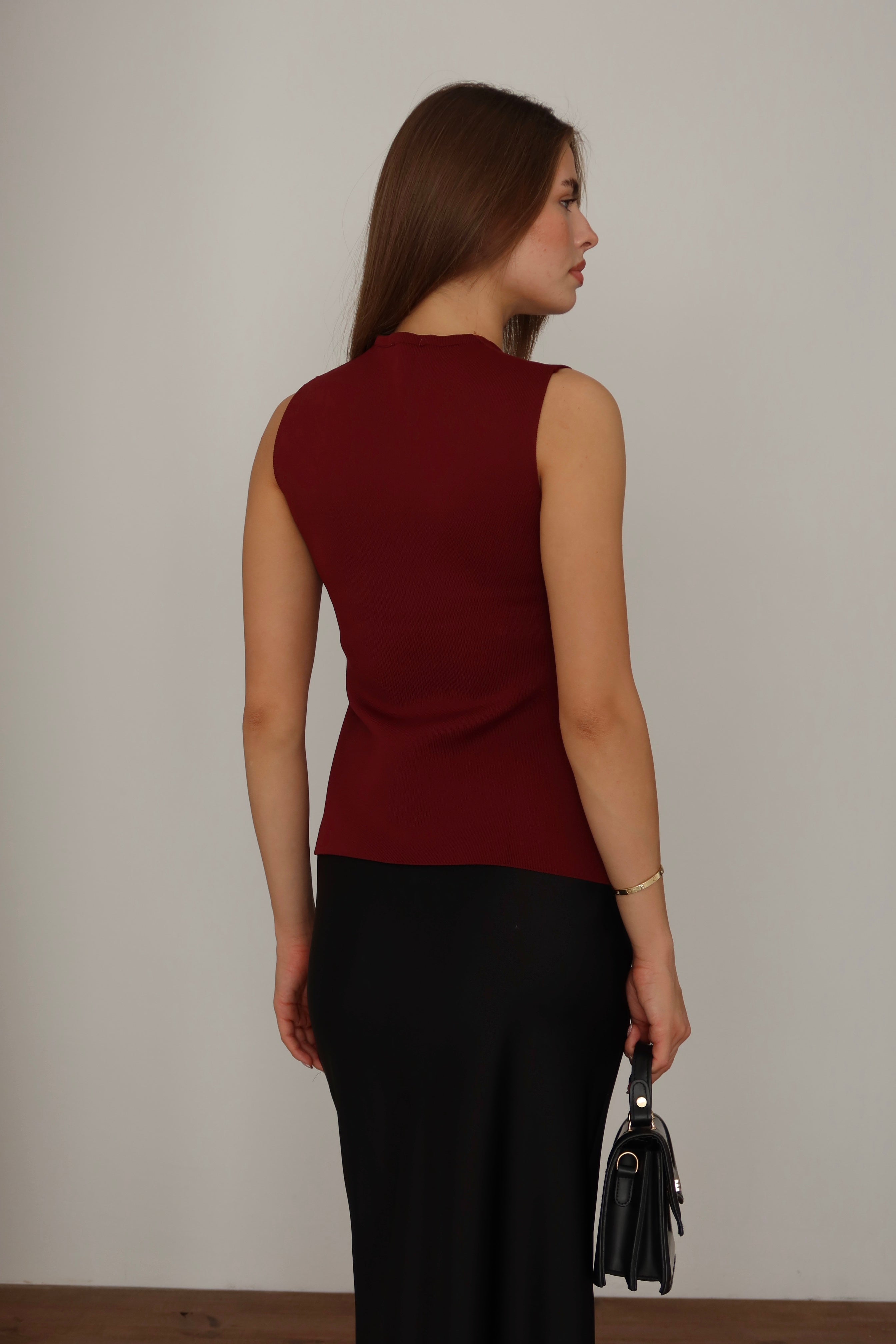 Bordo Gold Düğme Detaylı Merserize Yelek