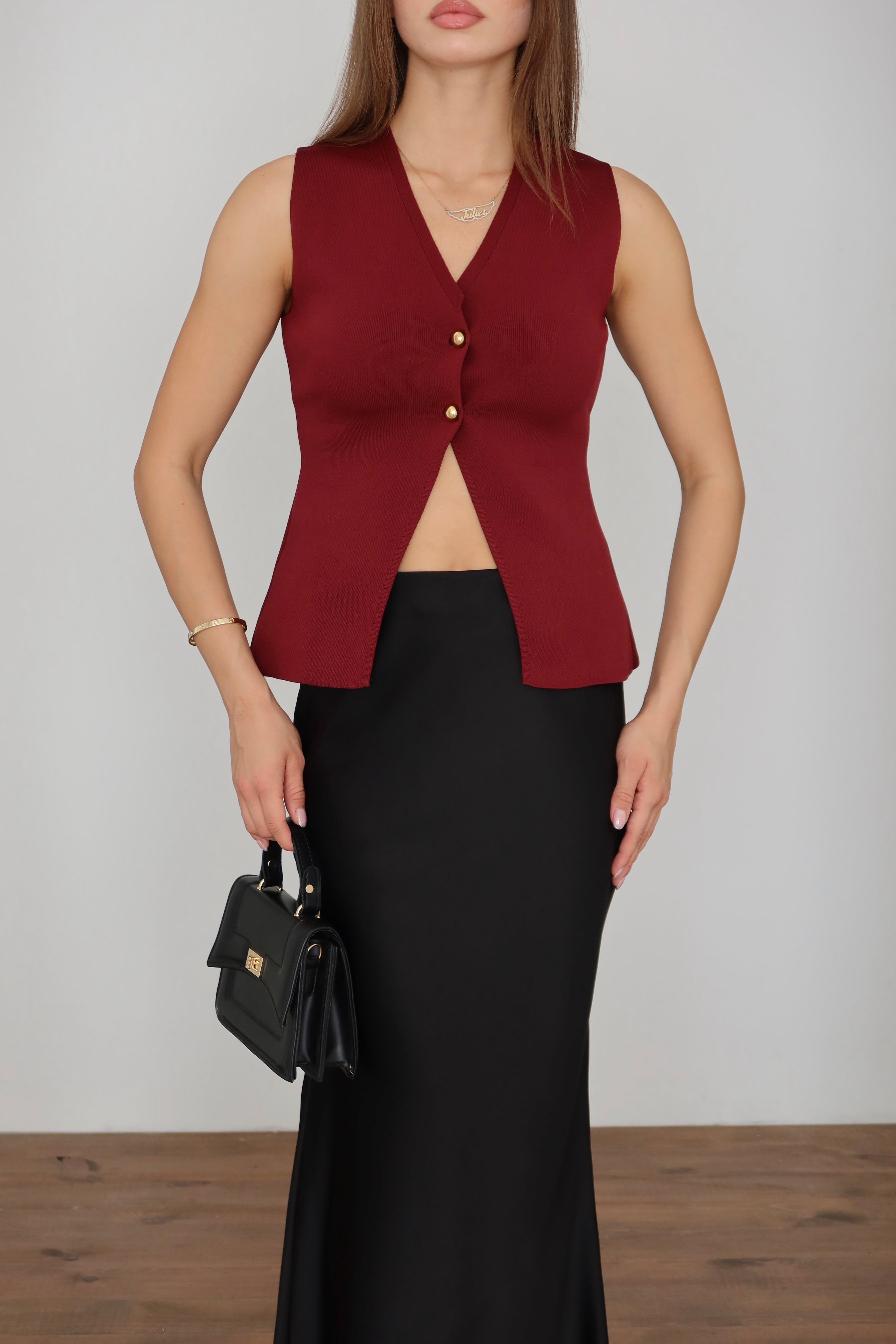 Bordo Gold Düğme Detaylı Merserize Yelek