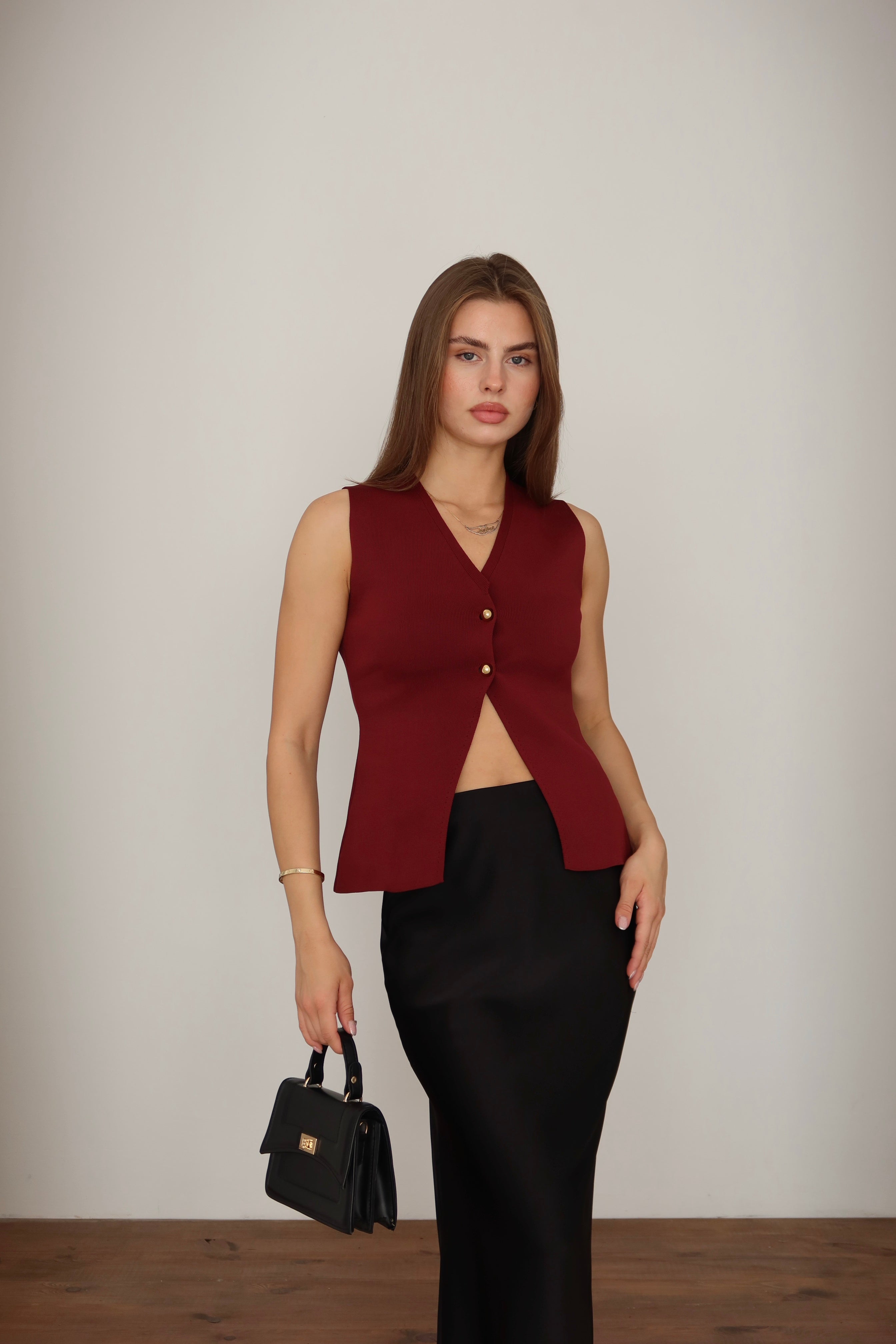 Bordo Gold Düğme Detaylı Merserize Yelek