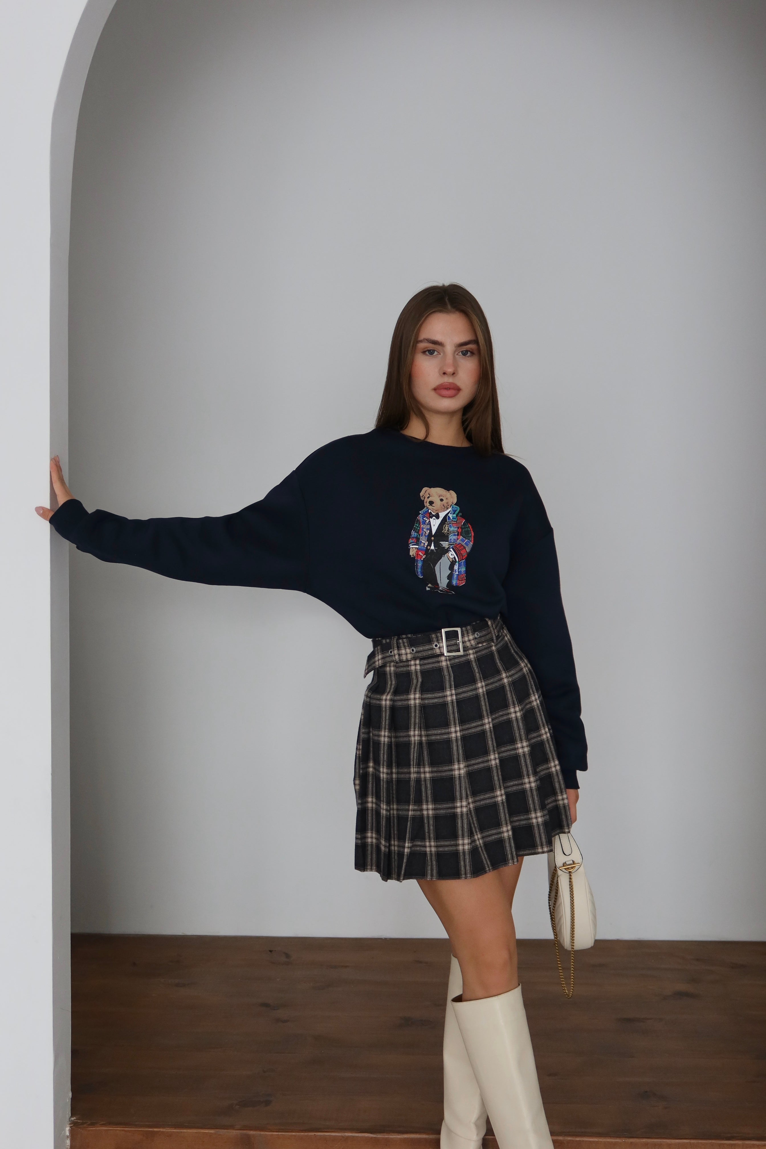 Lacivert Teddy Desenli Şardonlu Sweatshirt