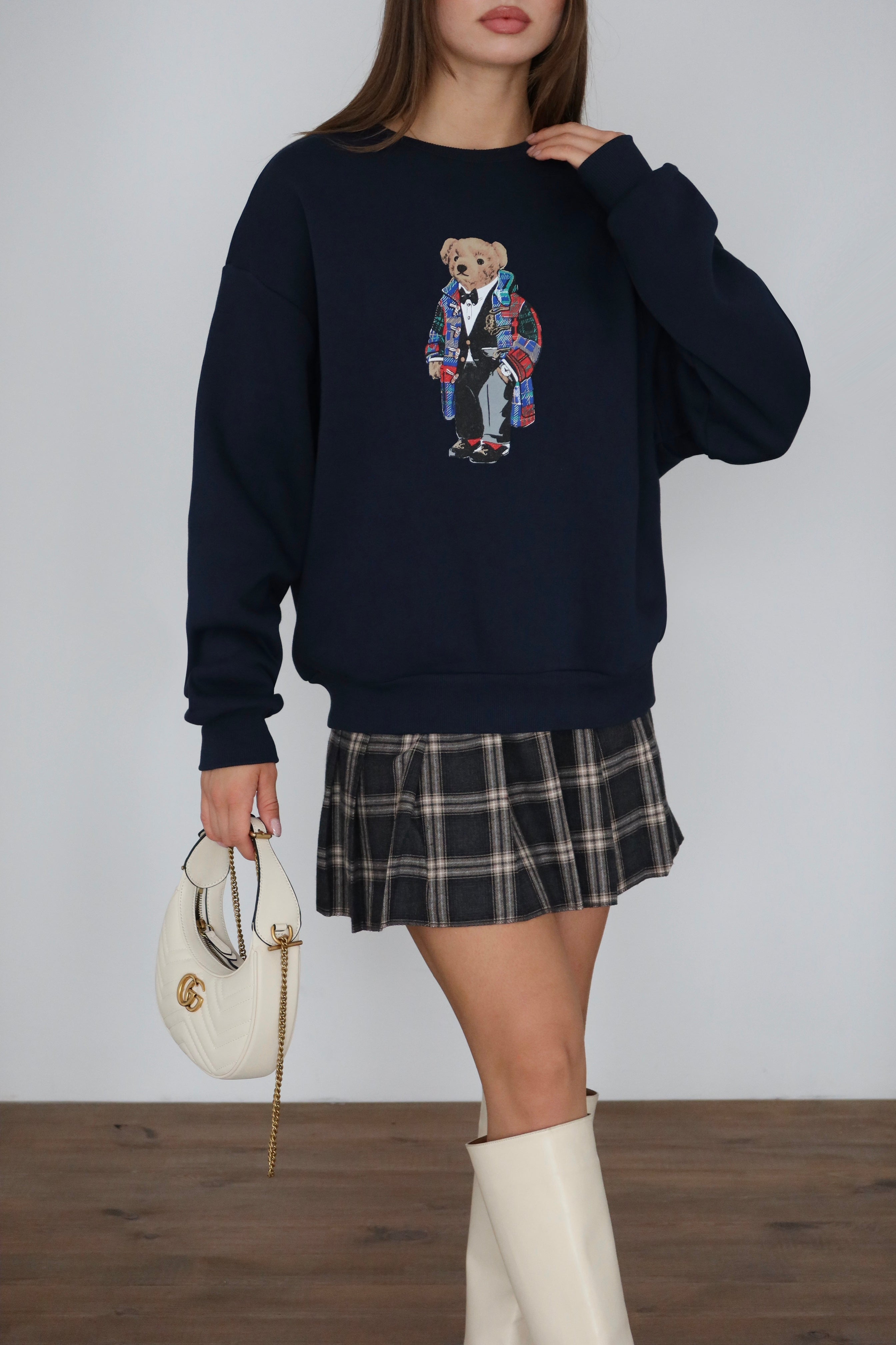 Lacivert Teddy Desenli Şardonlu Sweatshirt