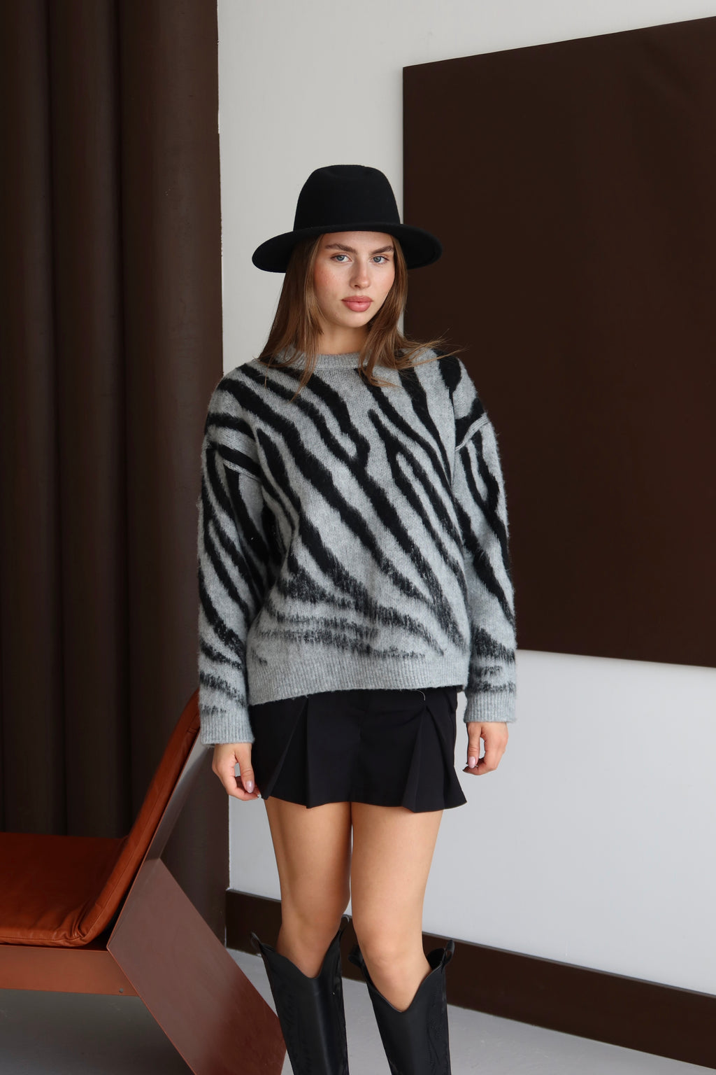 Zebra Desen Triko Kazak