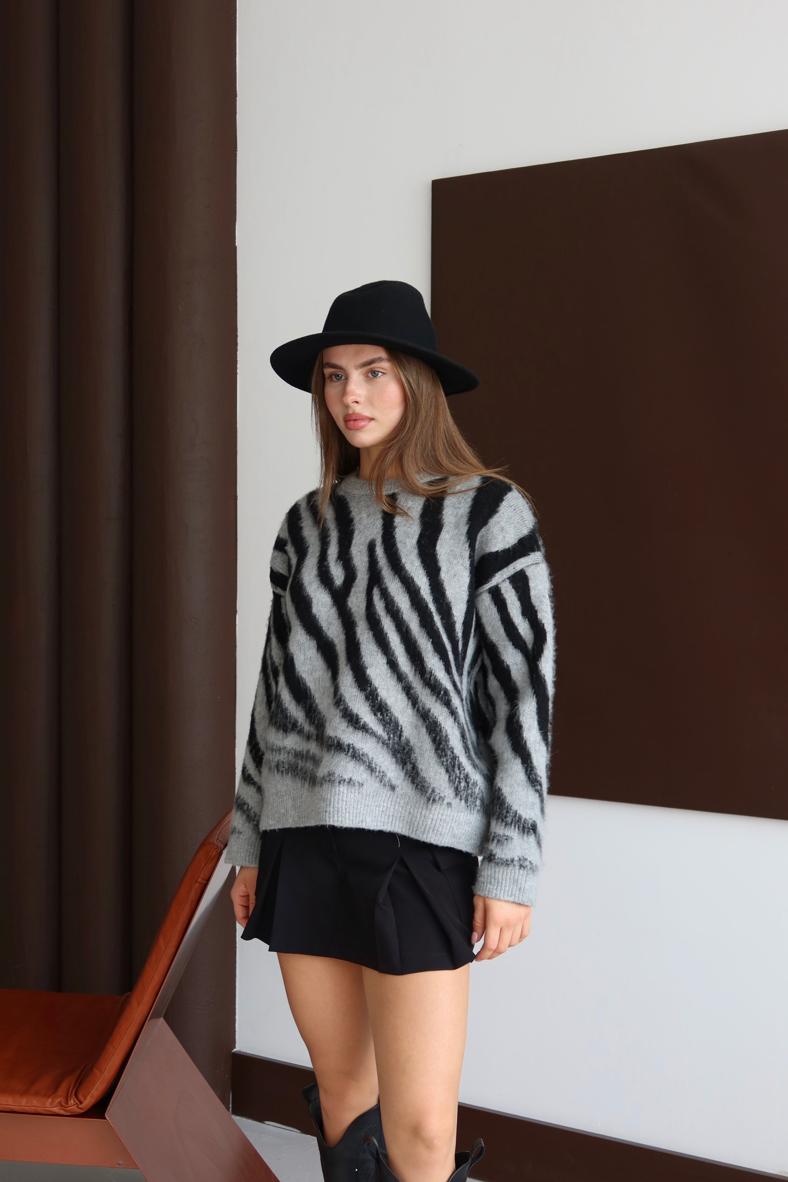 Zebra Desen Triko Kazak