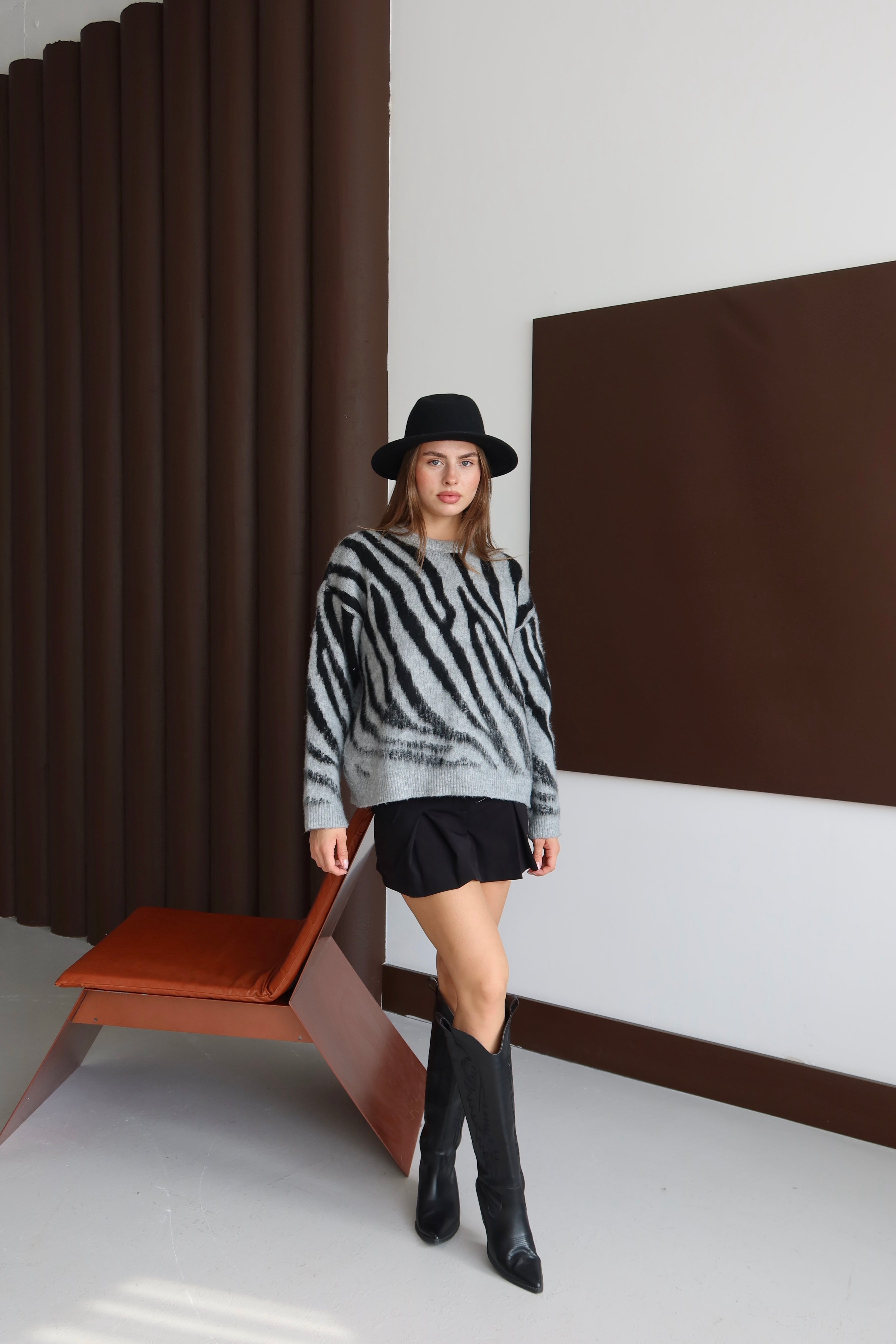 Zebra Desen Triko Kazak